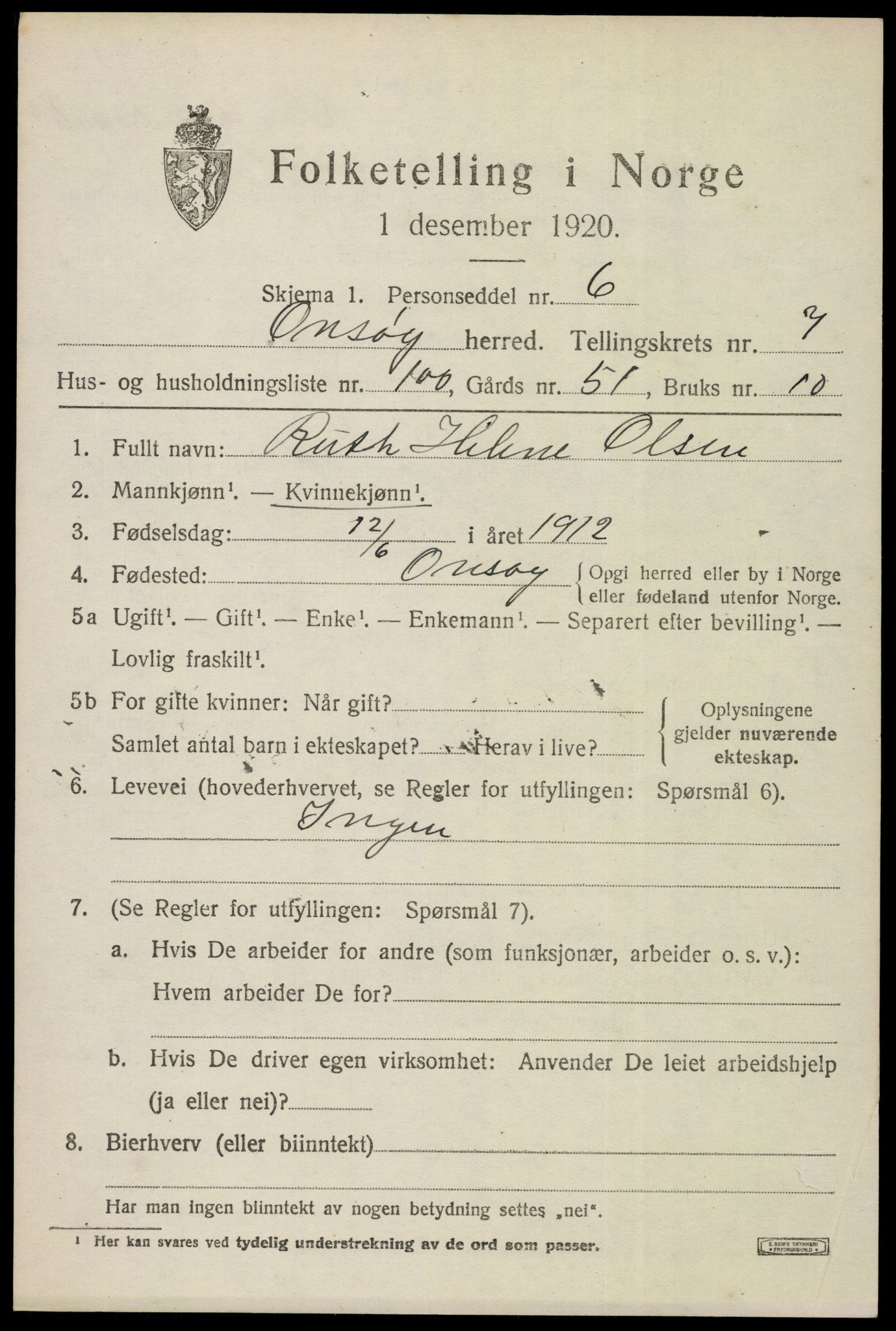 SAO, 1920 census for Onsøy, 1920, p. 11836