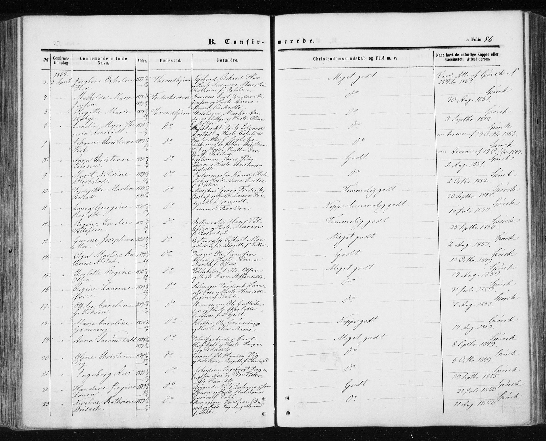 Ministerialprotokoller, klokkerbøker og fødselsregistre - Sør-Trøndelag, SAT/A-1456/601/L0053: Parish register (official) no. 601A21, 1857-1865, p. 56