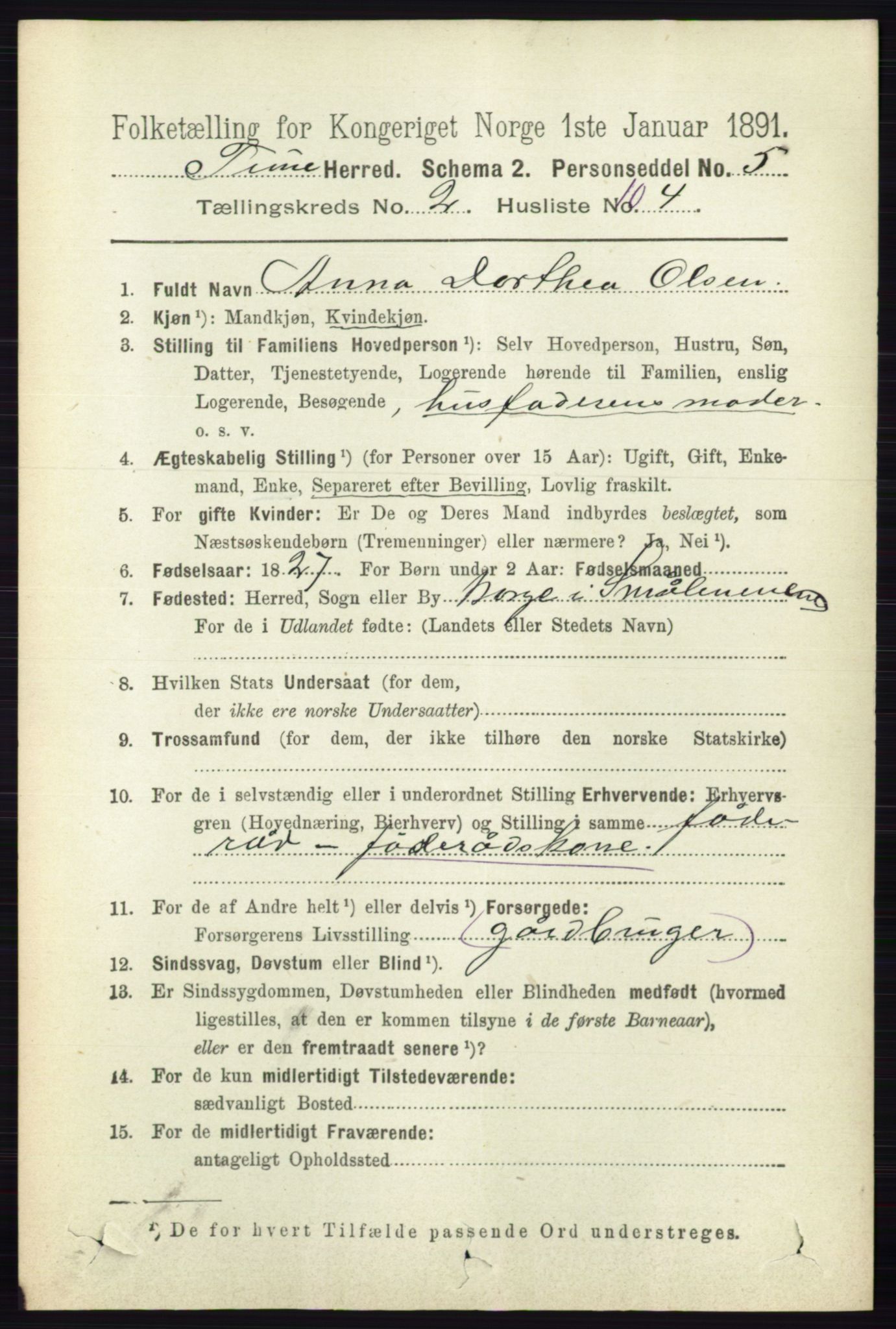 RA, 1891 census for 0130 Tune, 1891, p. 1391