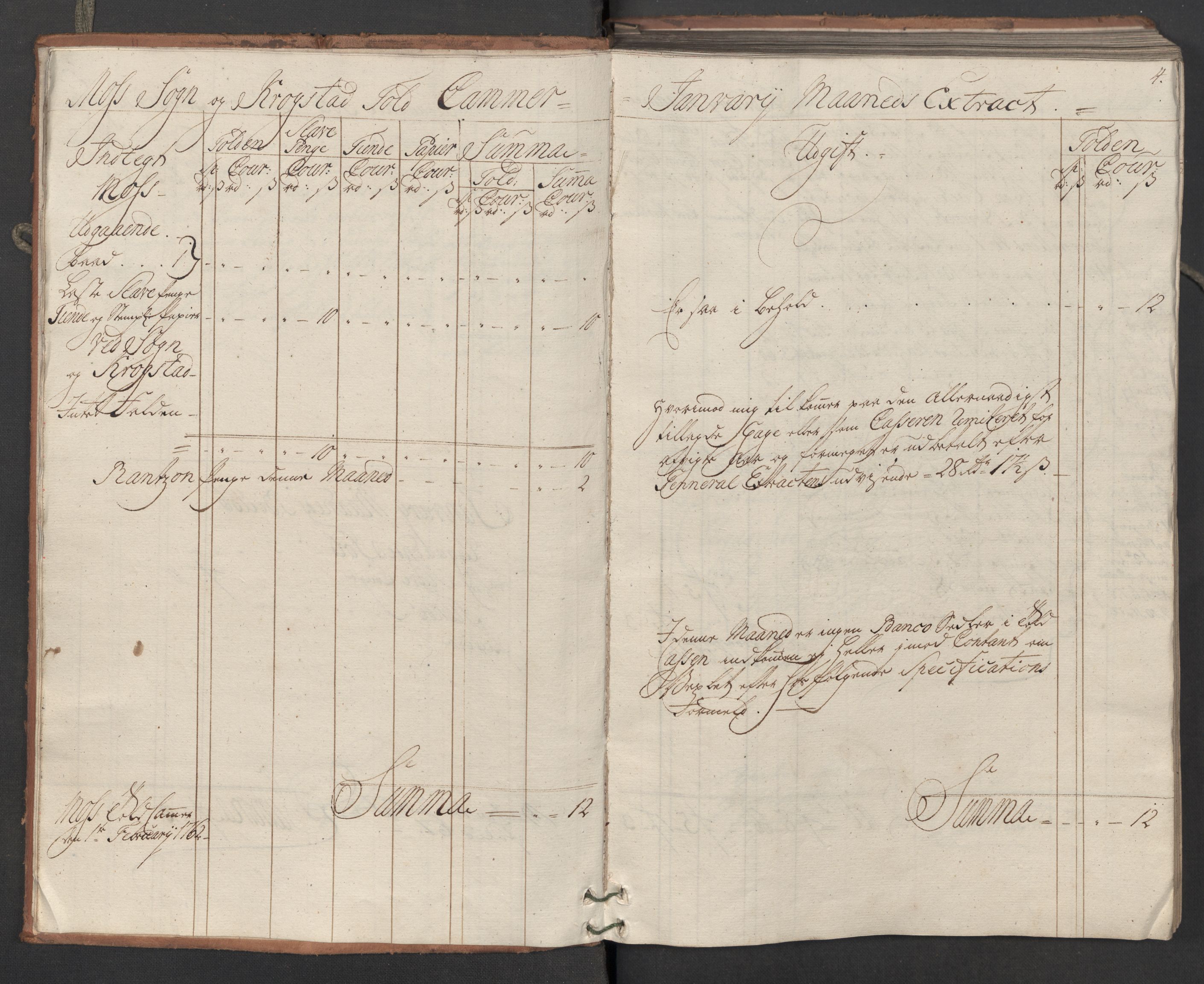 Generaltollkammeret, tollregnskaper, AV/RA-EA-5490/R05/L0039/0001: Tollregnskaper Moss, Son, Krokstad / Utgående hovedtollbok, 1762, p. 3b-4a