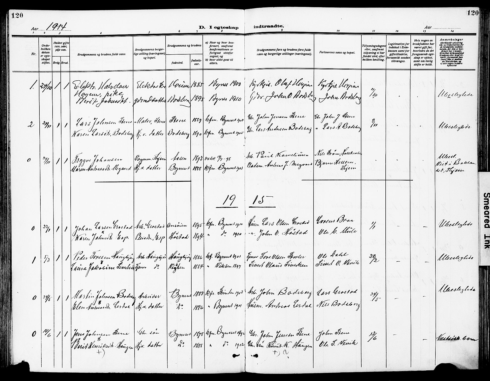 Ministerialprotokoller, klokkerbøker og fødselsregistre - Sør-Trøndelag, AV/SAT-A-1456/612/L0388: Parish register (copy) no. 612C04, 1909-1929, p. 120