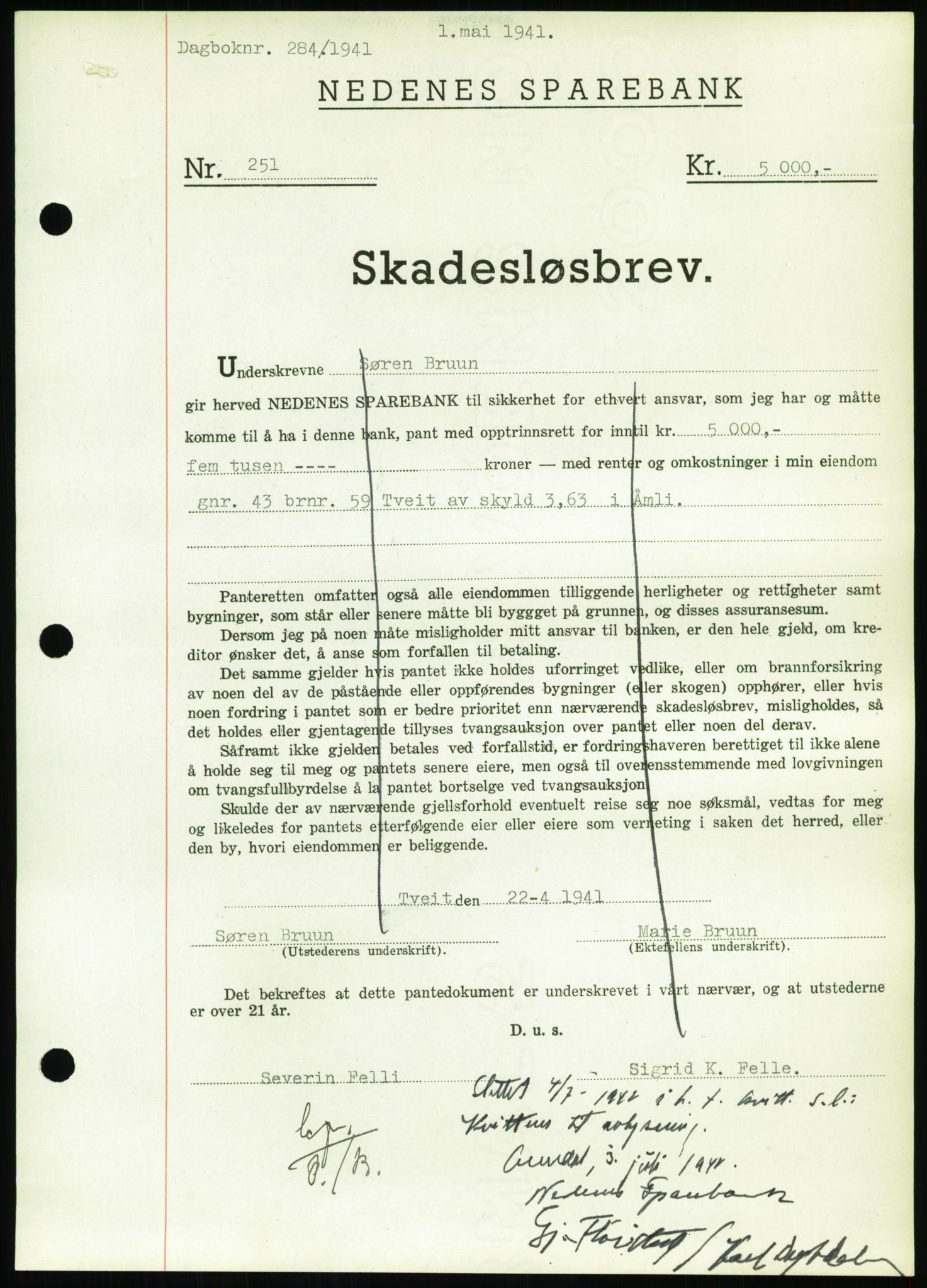 Nedenes sorenskriveri, AV/SAK-1221-0006/G/Gb/Gbb/L0001: Mortgage book no. I, 1939-1942, Diary no: : 284/1941