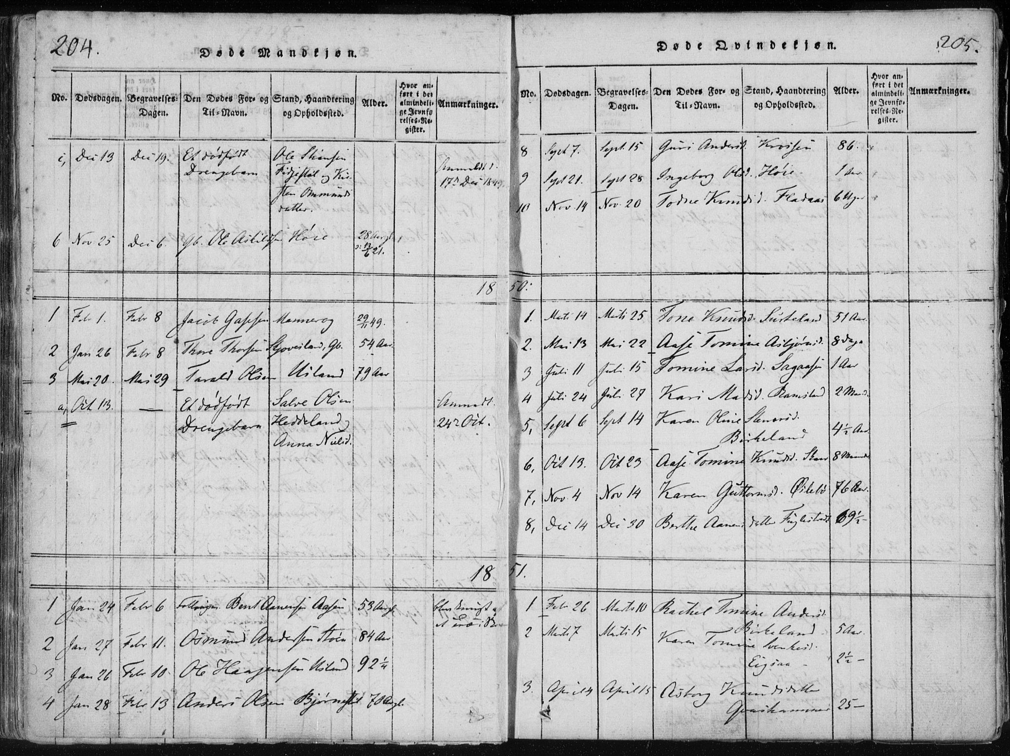 Holum sokneprestkontor, SAK/1111-0022/F/Fa/Fac/L0002: Parish register (official) no. A 2, 1821-1859, p. 204-205