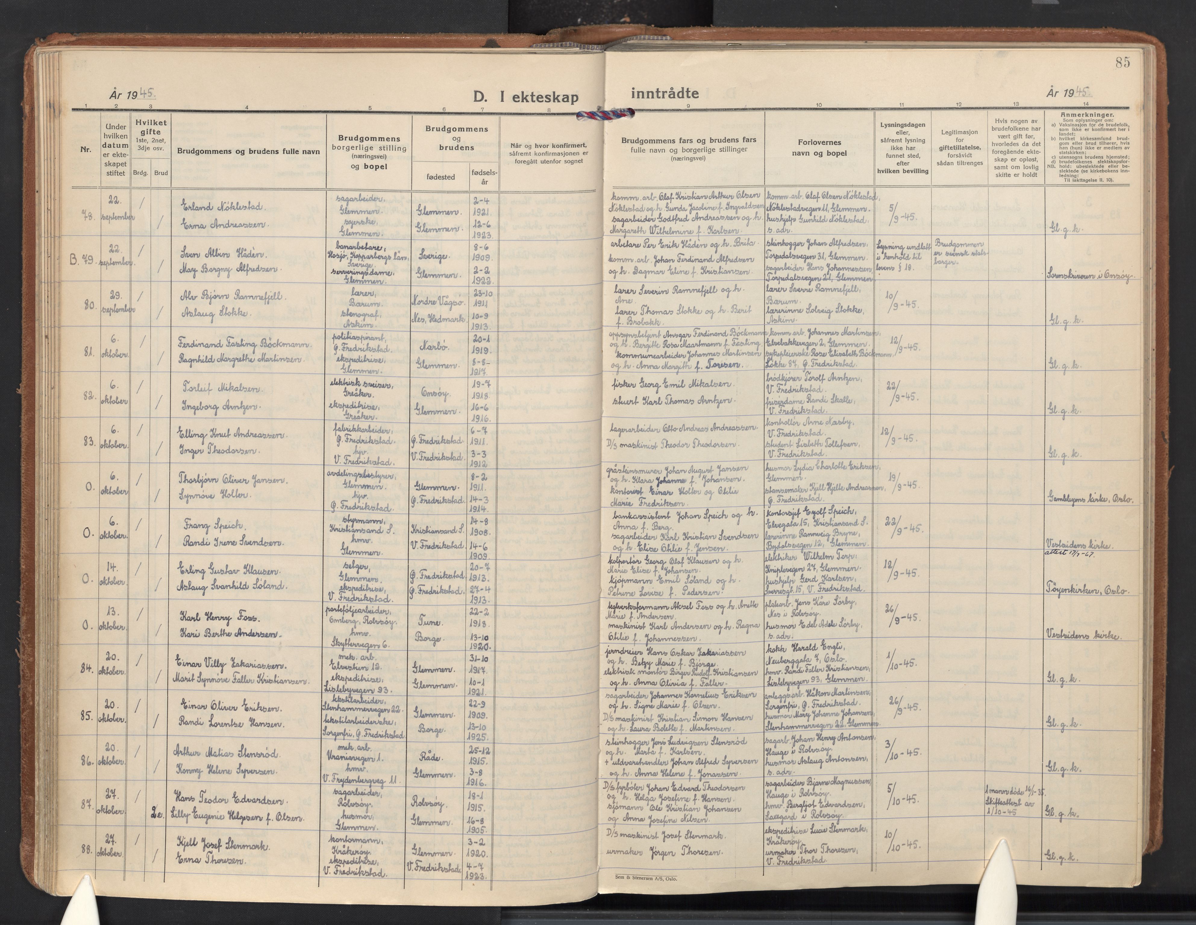 Glemmen prestekontor Kirkebøker, AV/SAO-A-10908/F/Fa/L0020: Parish register (official) no. 20, 1938-1968, p. 85