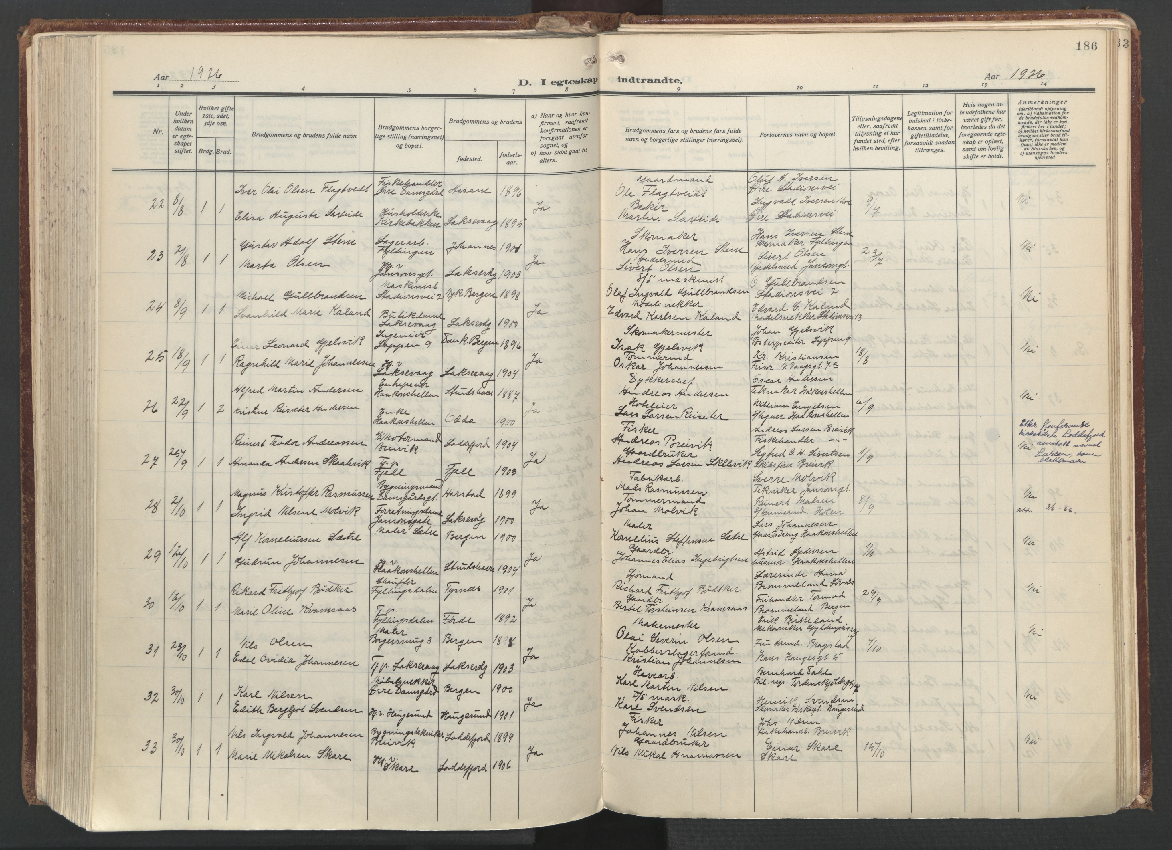 Laksevåg Sokneprestembete, AV/SAB-A-76501/H/Ha/Haa/Haac/L0001: Parish register (official) no. C 1, 1925-1944, p. 186