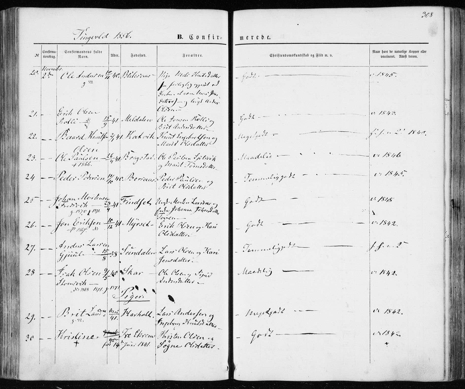 Ministerialprotokoller, klokkerbøker og fødselsregistre - Møre og Romsdal, AV/SAT-A-1454/586/L0984: Parish register (official) no. 586A10, 1844-1856, p. 308