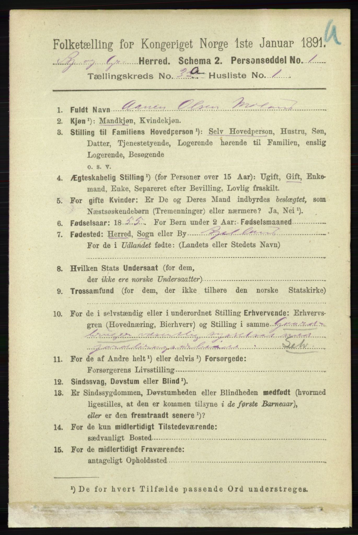 RA, 1891 census for 1024 Bjelland og Grindheim, 1891, p. 1459