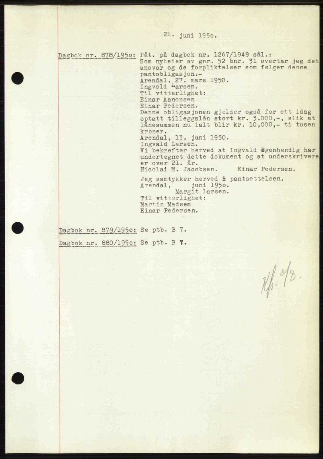 Nedenes sorenskriveri, AV/SAK-1221-0006/G/Gb/Gba/L0062: Mortgage book no. A14, 1949-1950, Diary no: : 878/1950