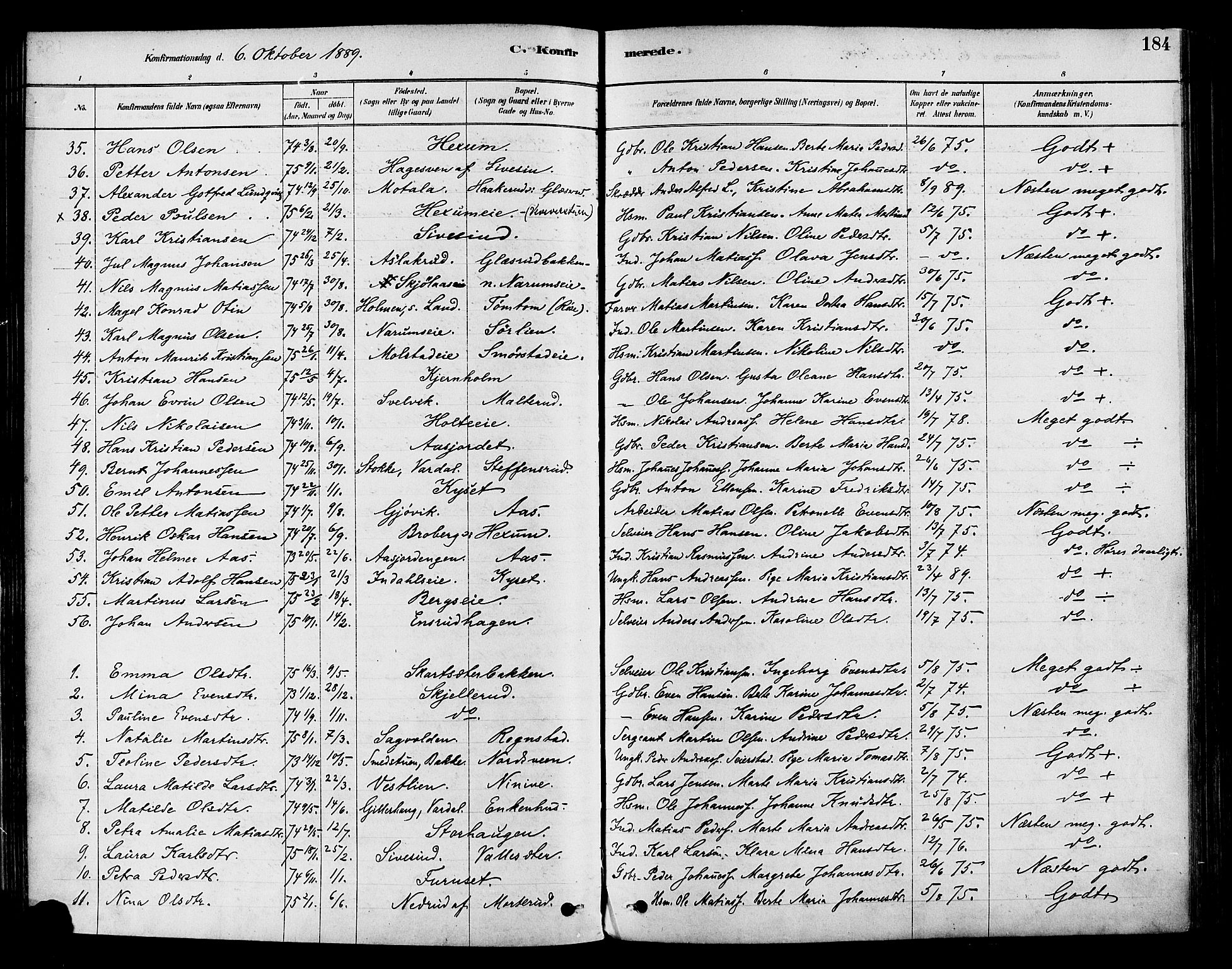 Vestre Toten prestekontor, SAH/PREST-108/H/Ha/Haa/L0009: Parish register (official) no. 9, 1878-1894, p. 184