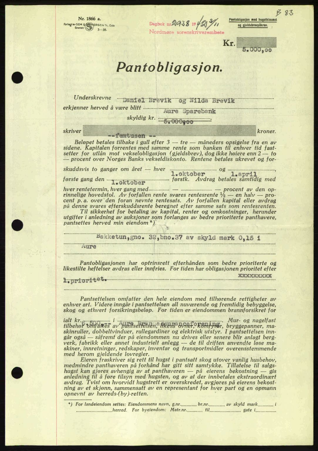 Nordmøre sorenskriveri, AV/SAT-A-4132/1/2/2Ca: Mortgage book no. B90, 1942-1943, Diary no: : 2938/1942