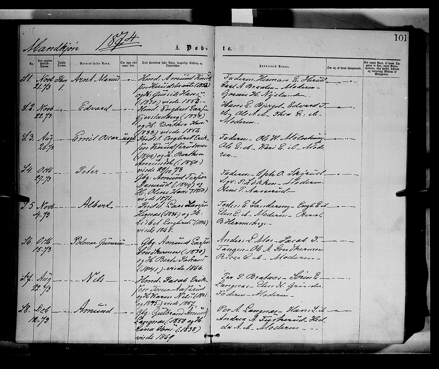 Sør-Odal prestekontor, AV/SAH-PREST-030/H/Ha/Haa/L0004: Parish register (official) no. 4, 1870-1875, p. 101