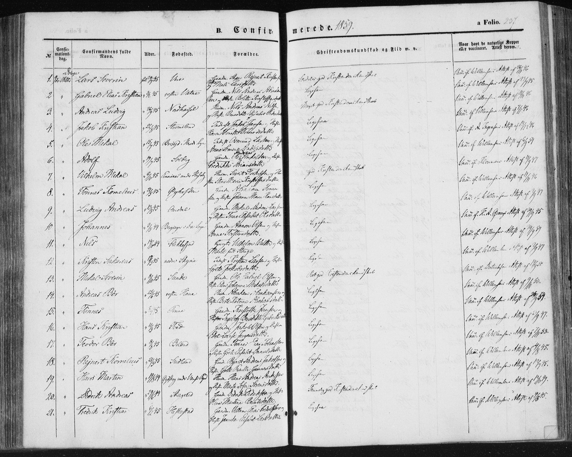 Lista sokneprestkontor, AV/SAK-1111-0027/F/Fa/L0010: Parish register (official) no. A 10, 1846-1861, p. 237