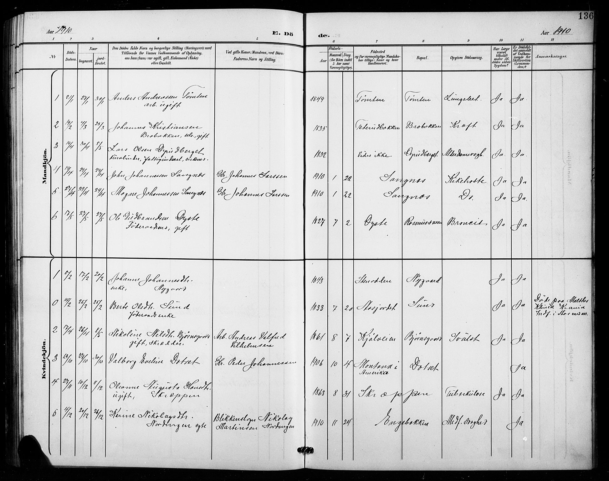 Vestre Toten prestekontor, SAH/PREST-108/H/Ha/Hab/L0016: Parish register (copy) no. 16, 1901-1915, p. 136