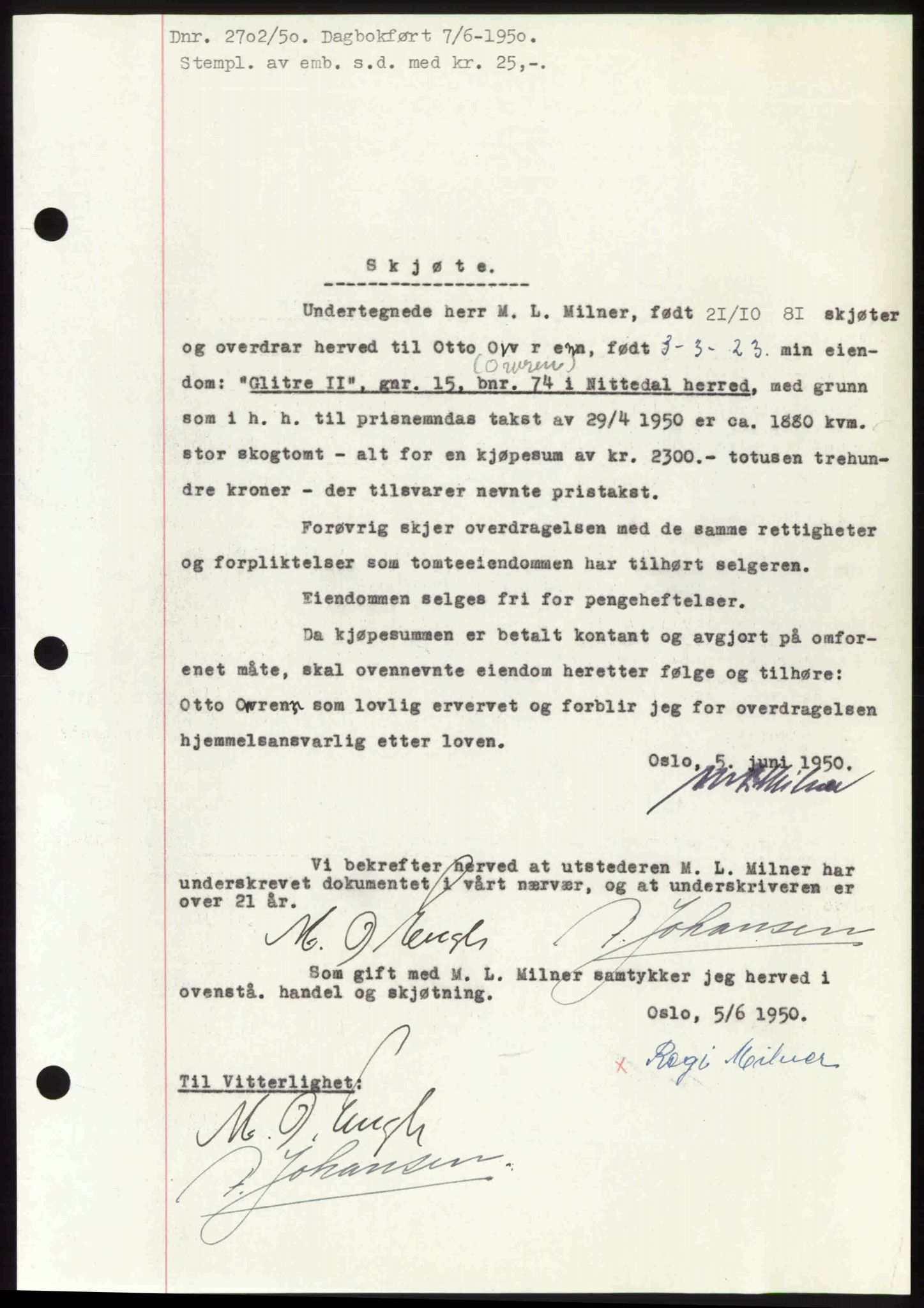 Nedre Romerike sorenskriveri, SAO/A-10469/G/Gb/Gbd/L0030: Mortgage book no. 30, 1950-1950, Diary no: : 2702/1950