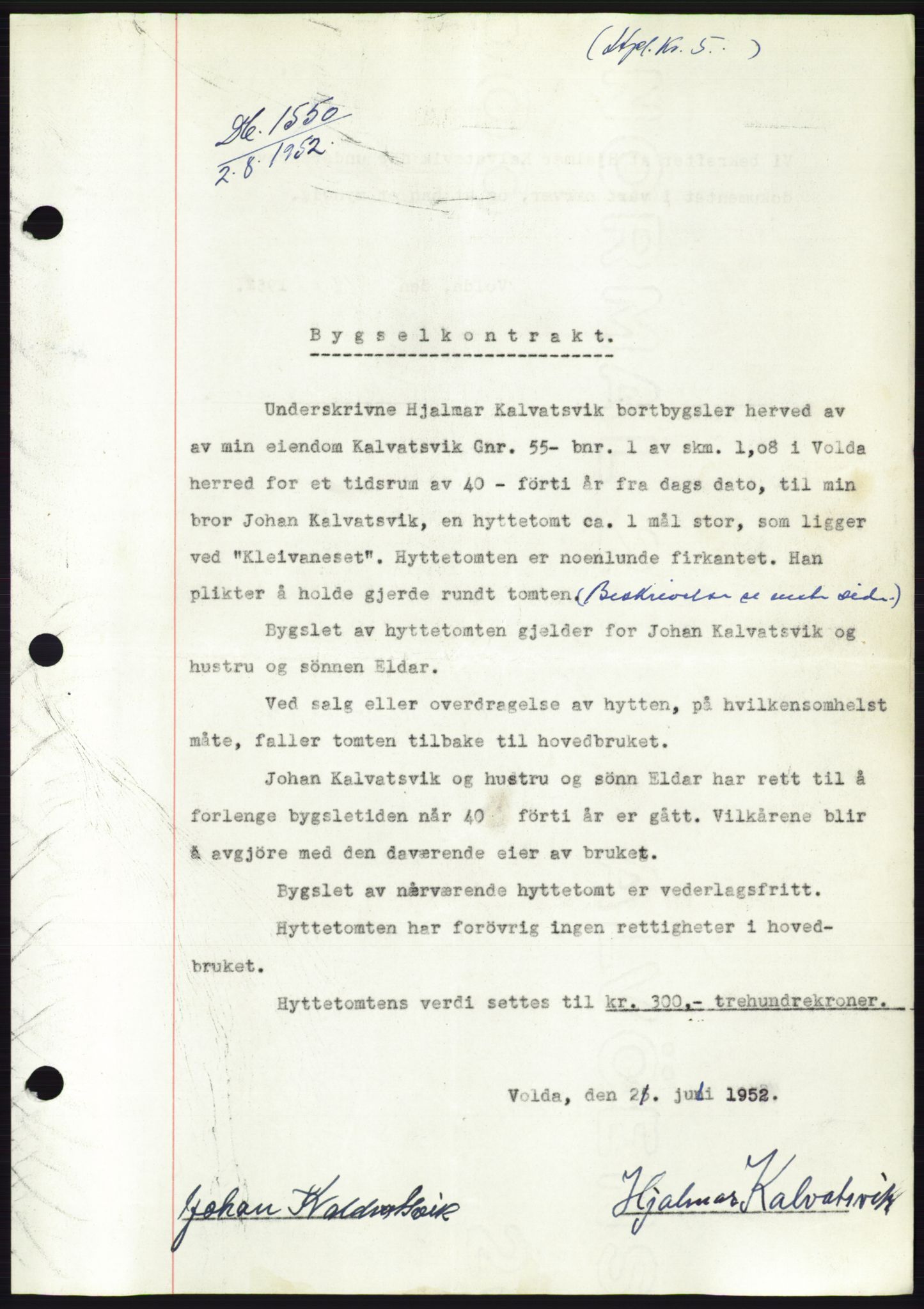 Søre Sunnmøre sorenskriveri, AV/SAT-A-4122/1/2/2C/L0121: Mortgage book no. 9B, 1951-1952, Diary no: : 1550/1952