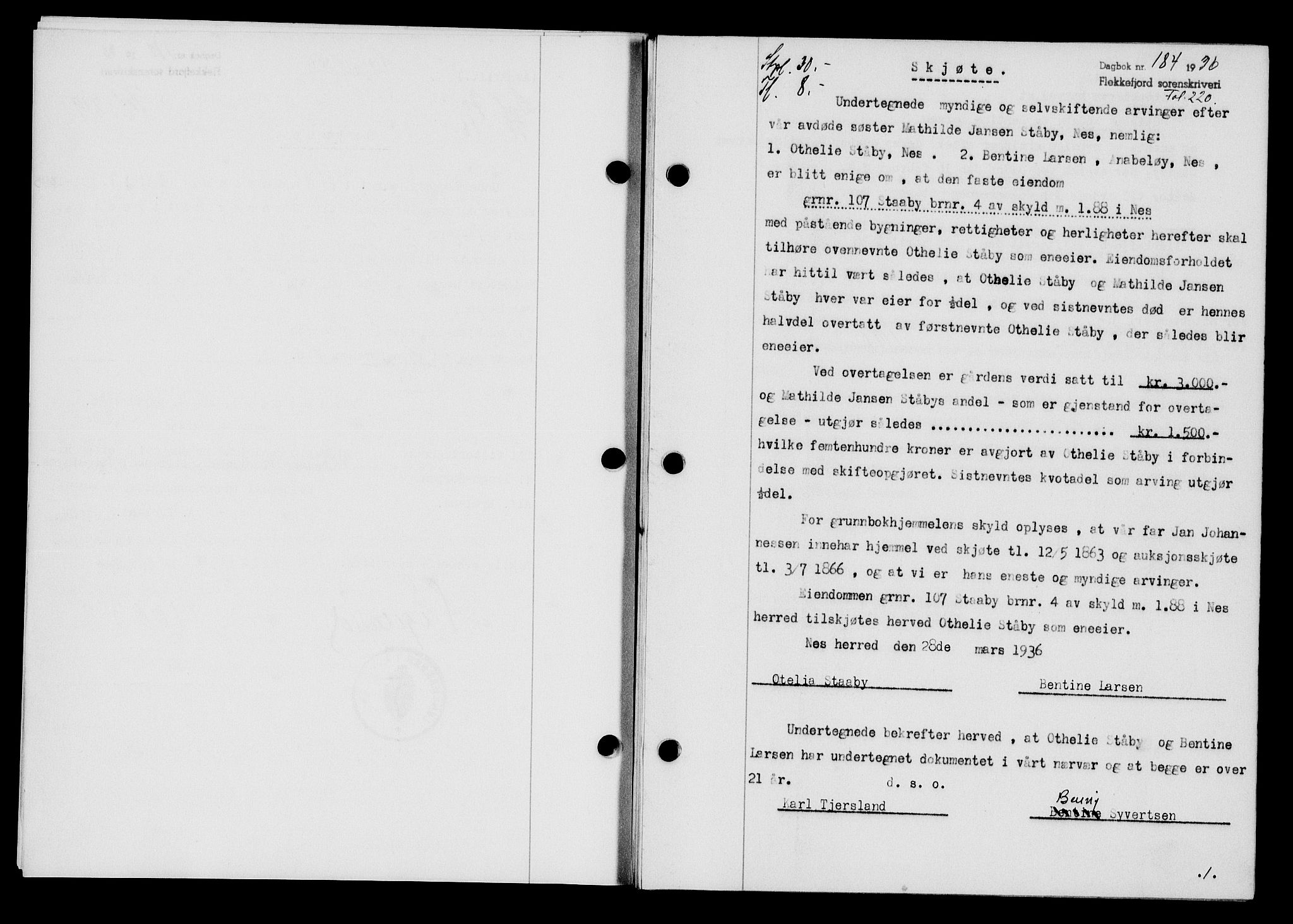 Flekkefjord sorenskriveri, AV/SAK-1221-0001/G/Gb/Gba/L0053: Mortgage book no. A-1, 1936-1937, Diary no: : 184/1936