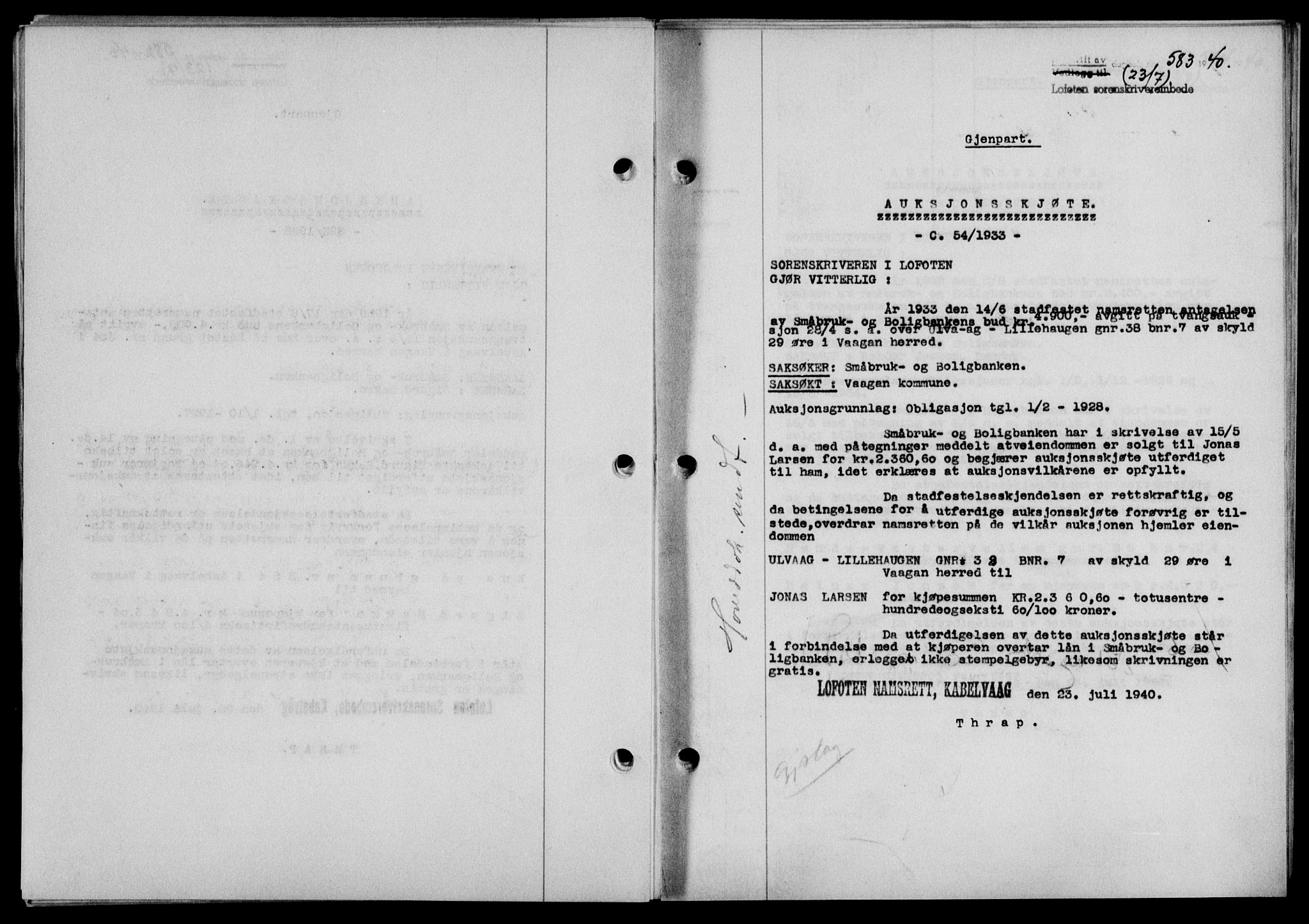 Lofoten sorenskriveri, SAT/A-0017/1/2/2C/L0007a: Mortgage book no. 7a, 1939-1940, Diary no: : 583/1940