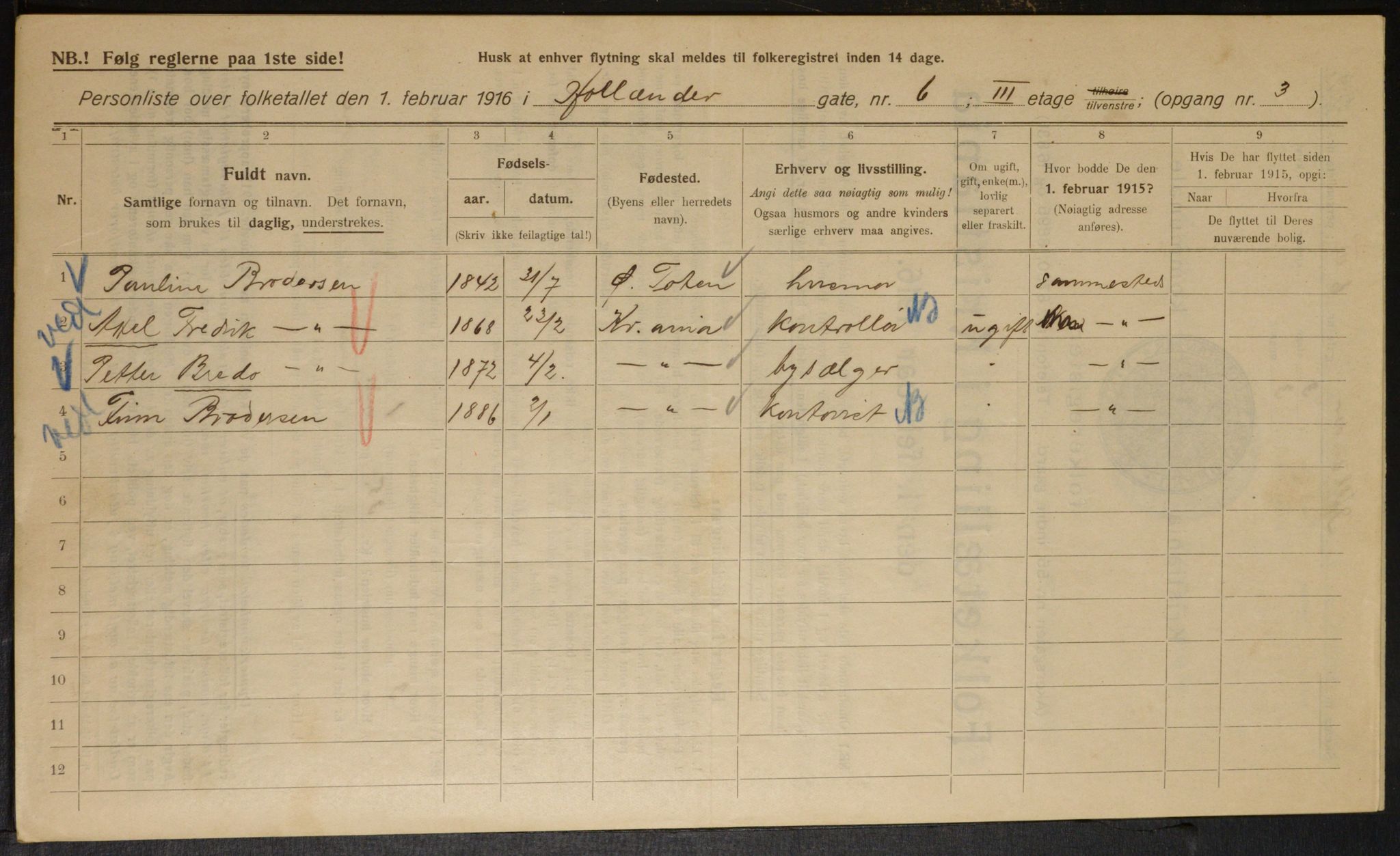 OBA, Municipal Census 1916 for Kristiania, 1916, p. 41415