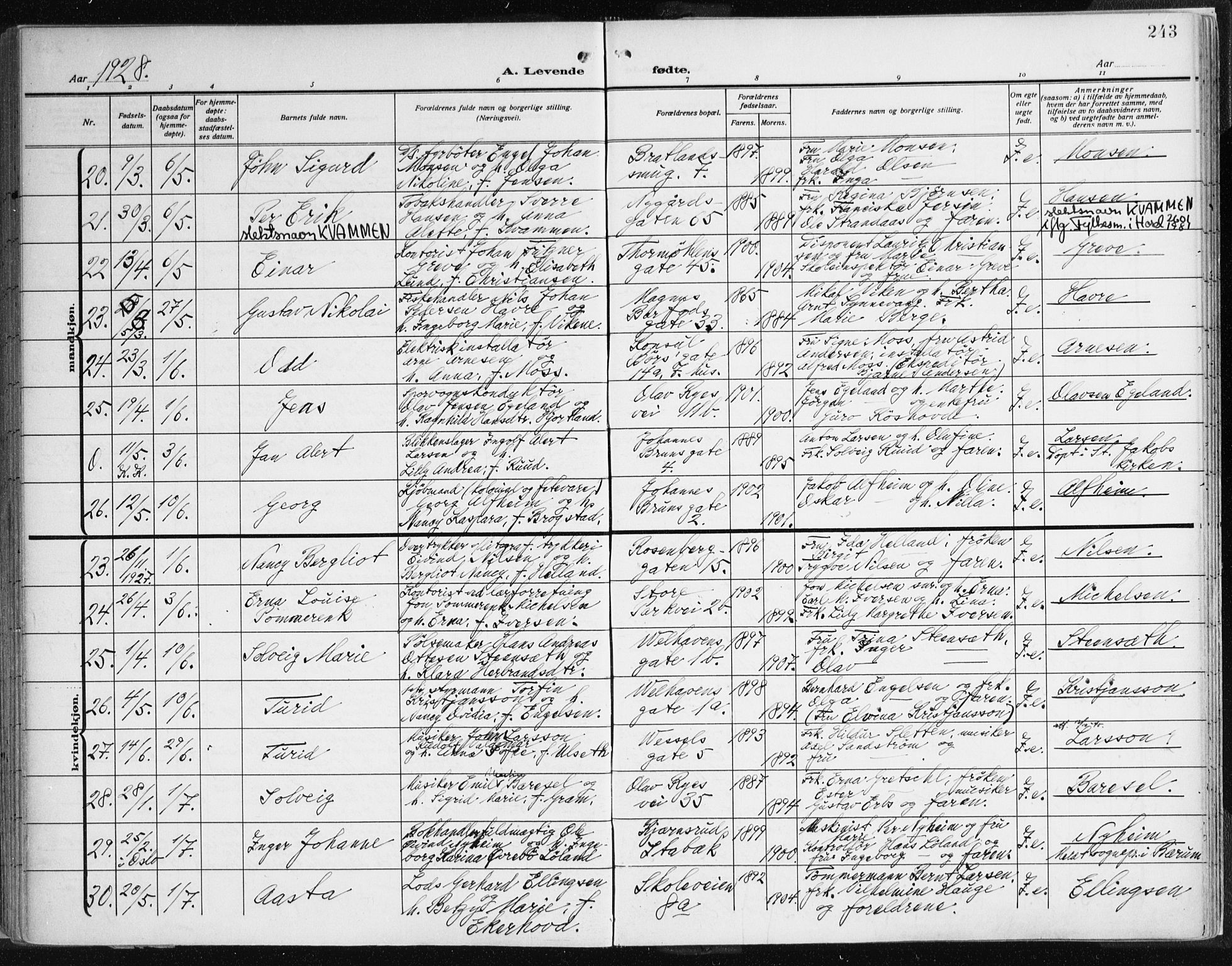 Johanneskirken sokneprestembete, AV/SAB-A-76001/H/Haa: Parish register (official) no. A 3, 1913-1934, p. 243