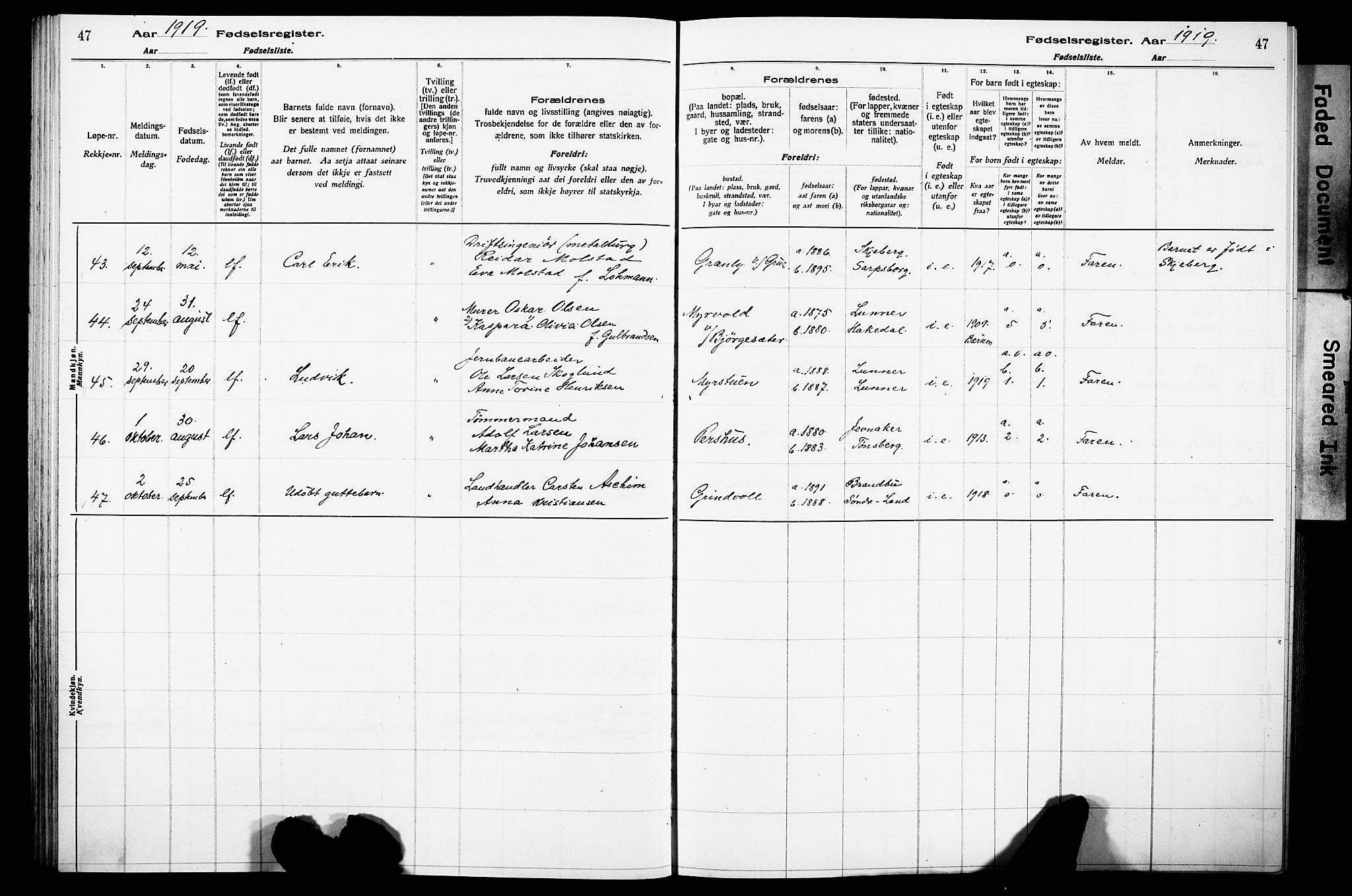 Lunner prestekontor, AV/SAH-PREST-118/I/Id/L0001: Birth register no. 1, 1916-1932, p. 47
