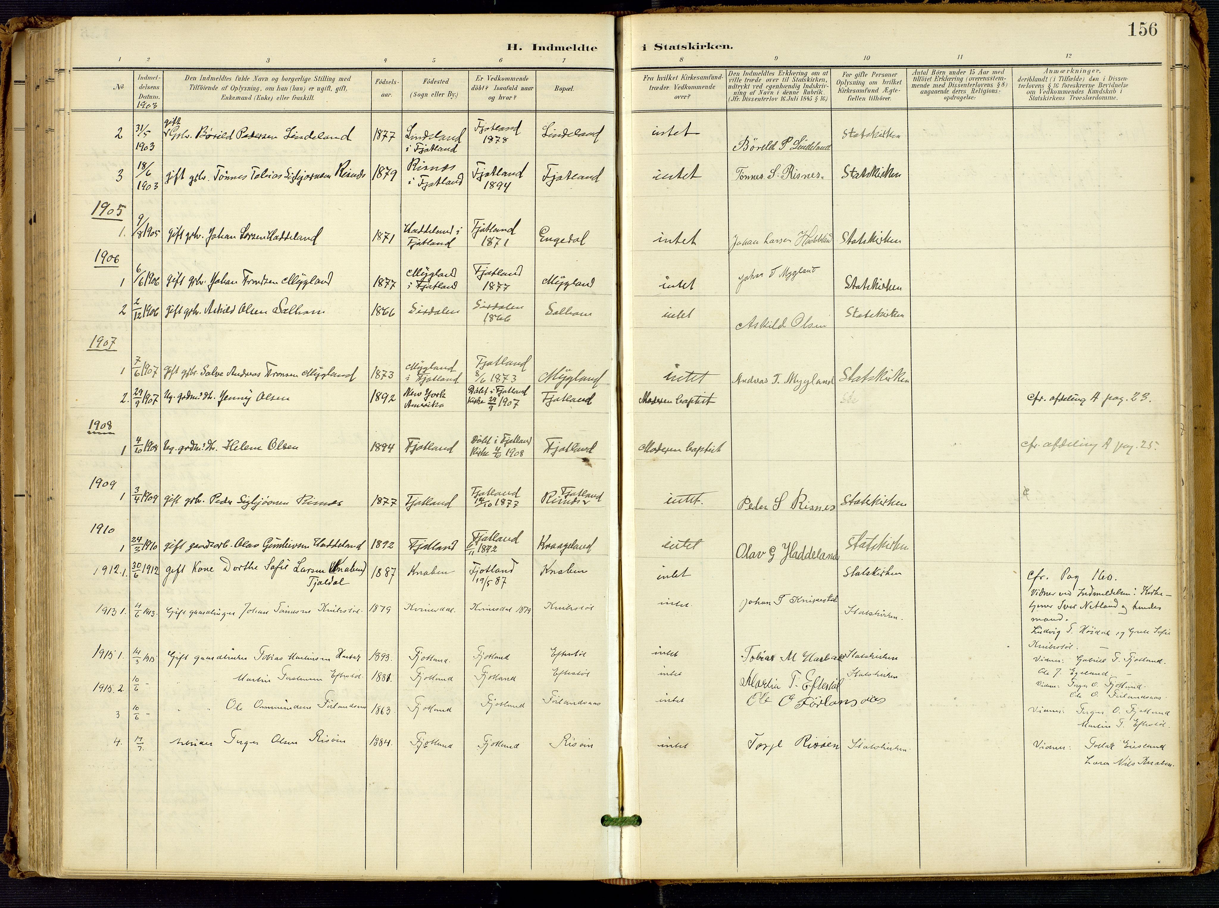 Fjotland sokneprestkontor, AV/SAK-1111-0010/F/Fa/L0003: Parish register (official) no. A 3, 1899-1917, p. 156