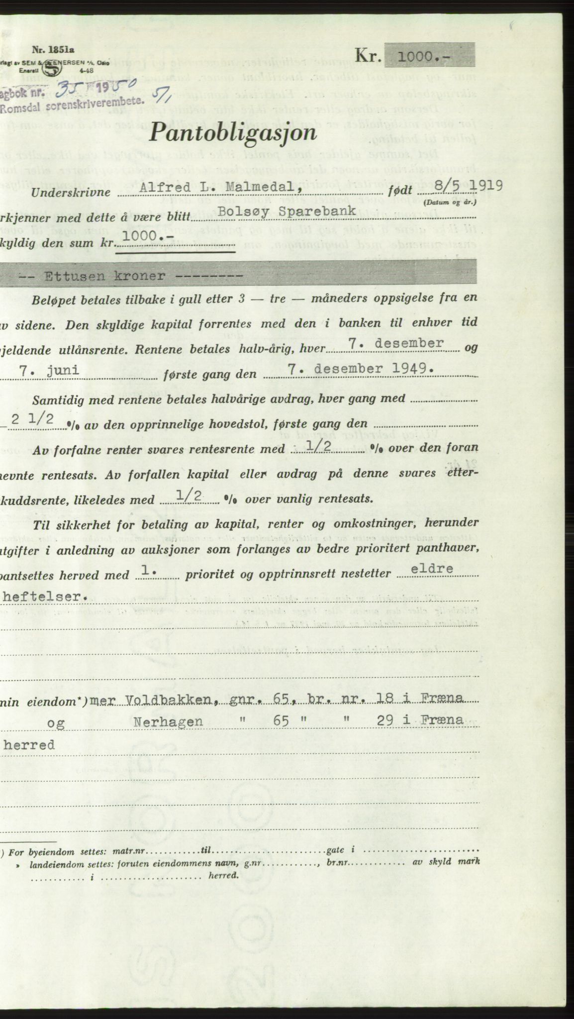 Romsdal sorenskriveri, AV/SAT-A-4149/1/2/2C: Mortgage book no. B5, 1949-1950, Diary no: : 35/1950