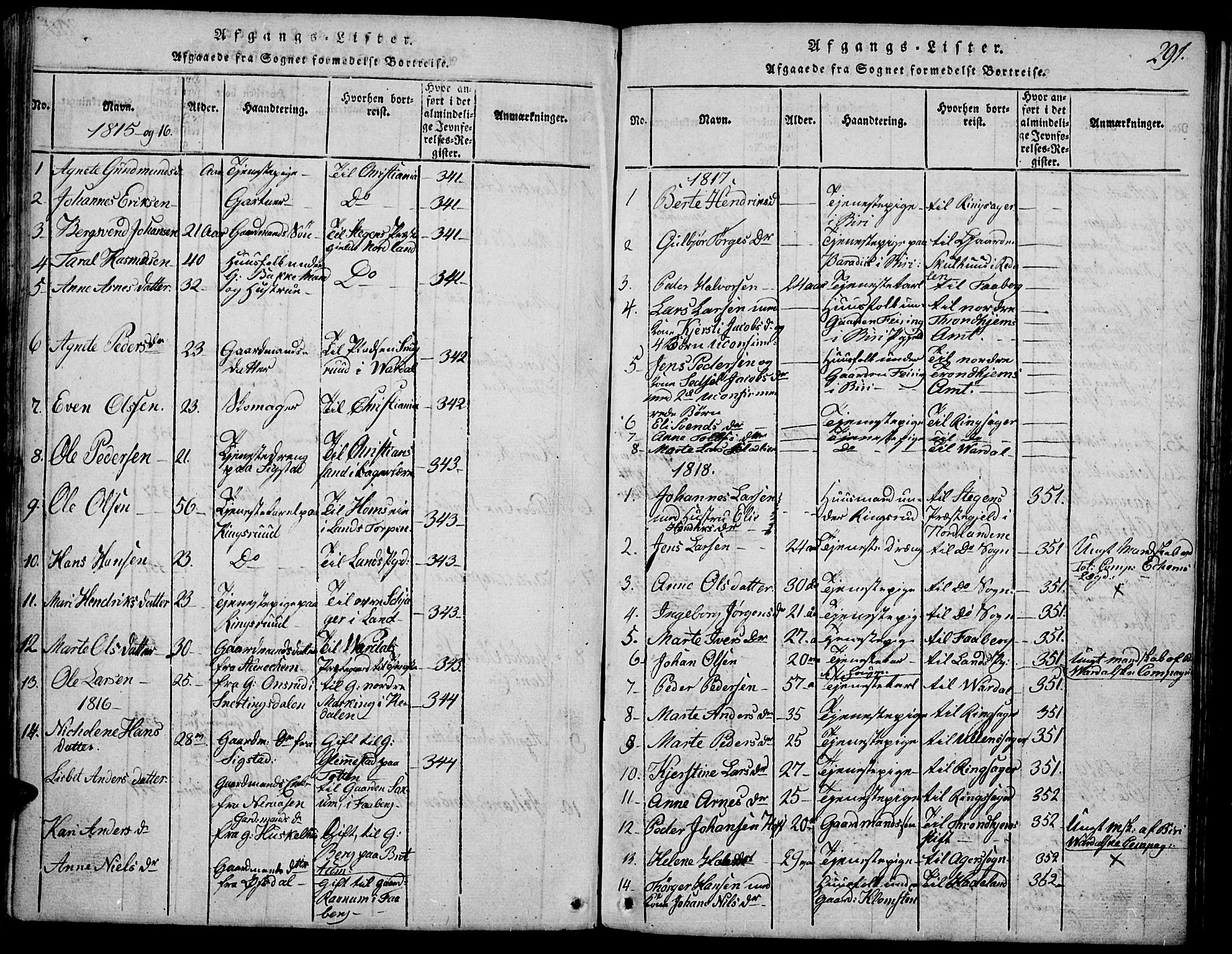 Biri prestekontor, SAH/PREST-096/H/Ha/Hab/L0001: Parish register (copy) no. 1, 1814-1828, p. 291