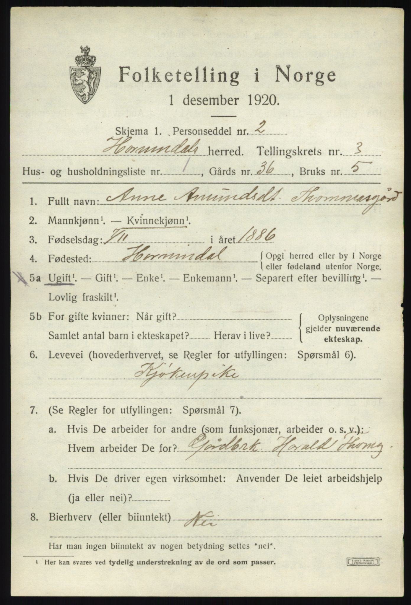 SAB, 1920 census for Hornindal, 1920, p. 1084