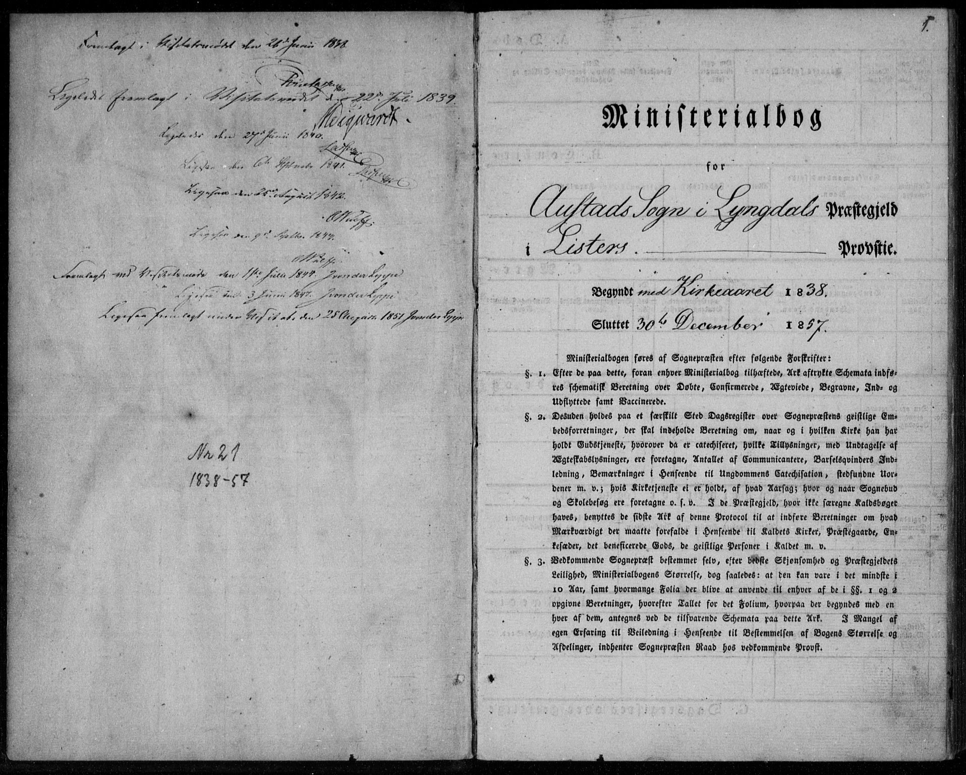 Lyngdal sokneprestkontor, SAK/1111-0029/F/Fa/Faa/L0001: Parish register (official) no. A 1, 1837-1857, p. 1