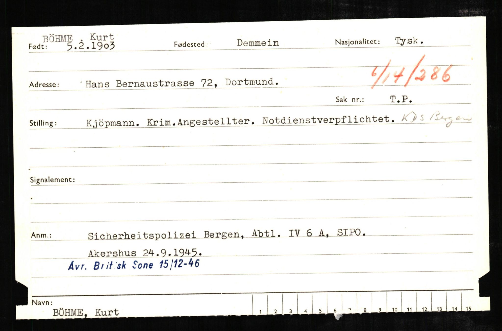 Forsvaret, Forsvarets overkommando II, RA/RAFA-3915/D/Db/L0005: CI Questionaires. Tyske okkupasjonsstyrker i Norge. Tyskere., 1945-1946, p. 110