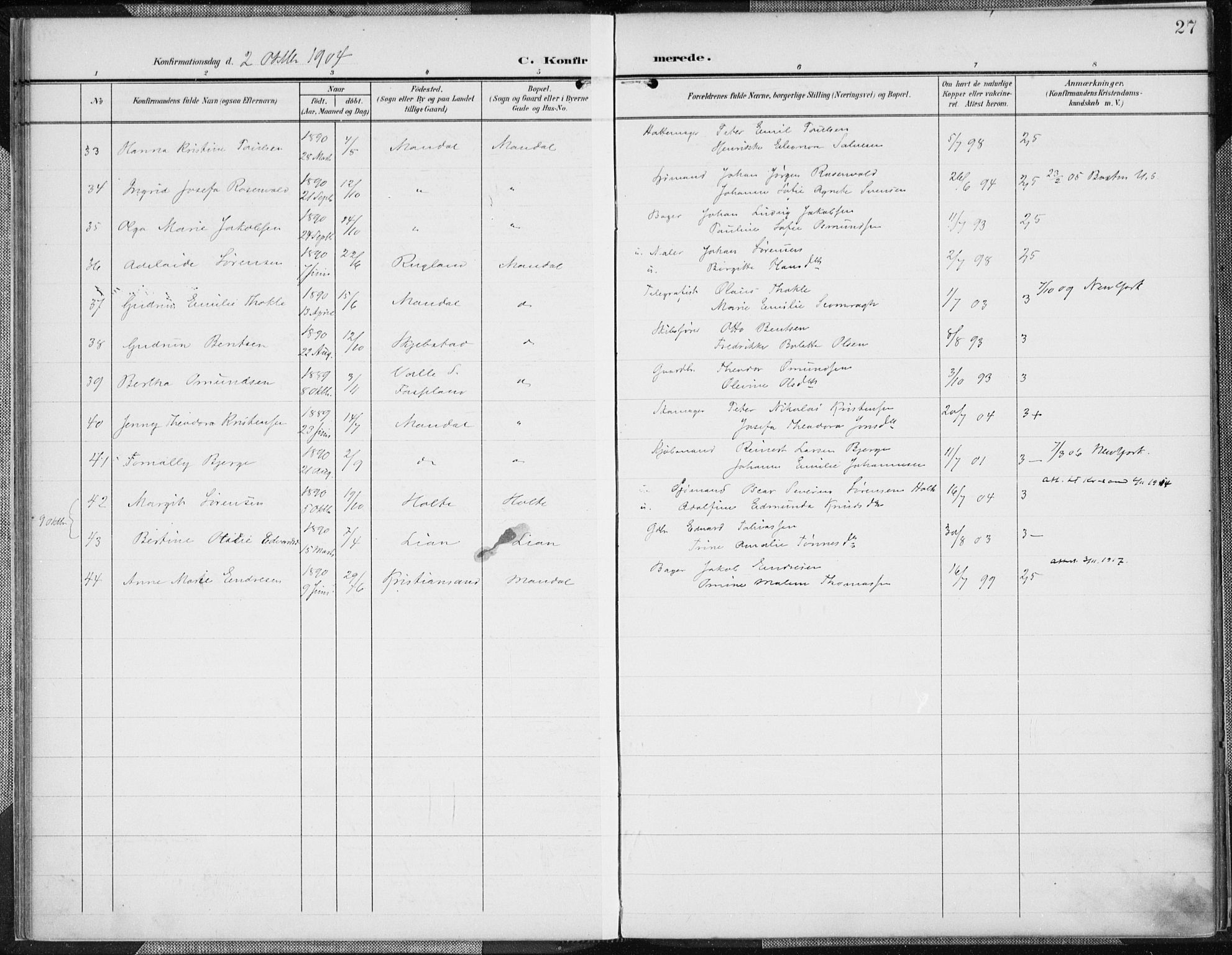 Mandal sokneprestkontor, AV/SAK-1111-0030/F/Fa/Faa/L0019: Parish register (official) no. A 19, 1902-1912, p. 27