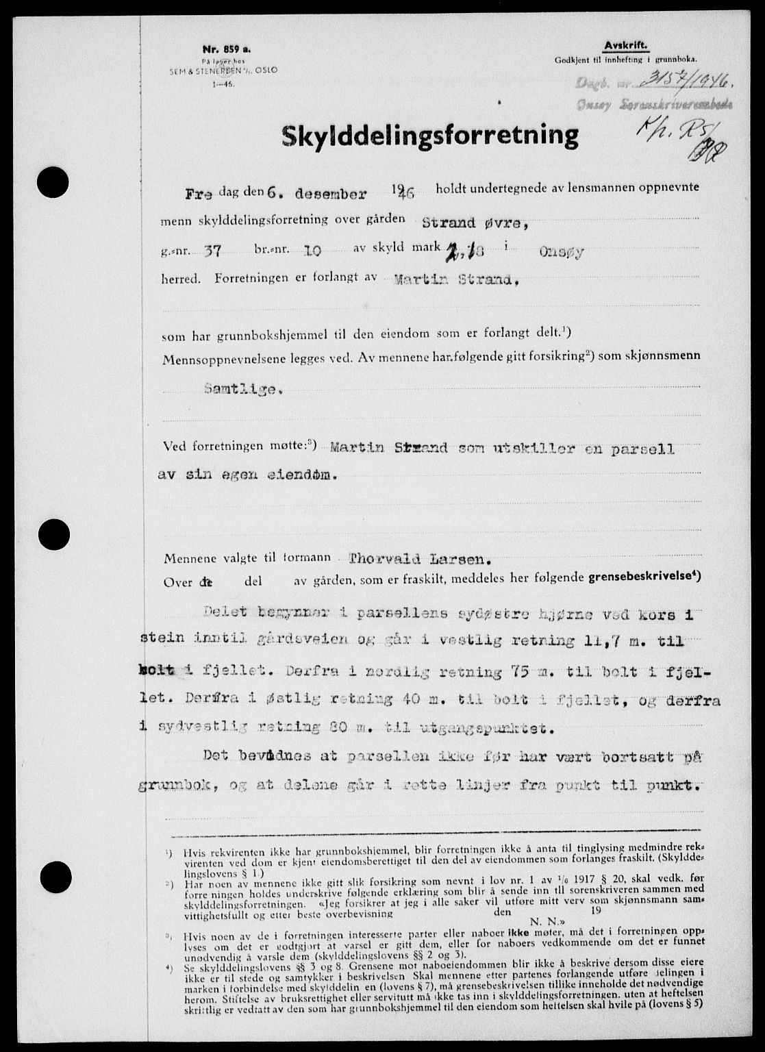 Onsøy sorenskriveri, SAO/A-10474/G/Ga/Gab/L0018: Mortgage book no. II A-18, 1946-1947, Diary no: : 3157/1946