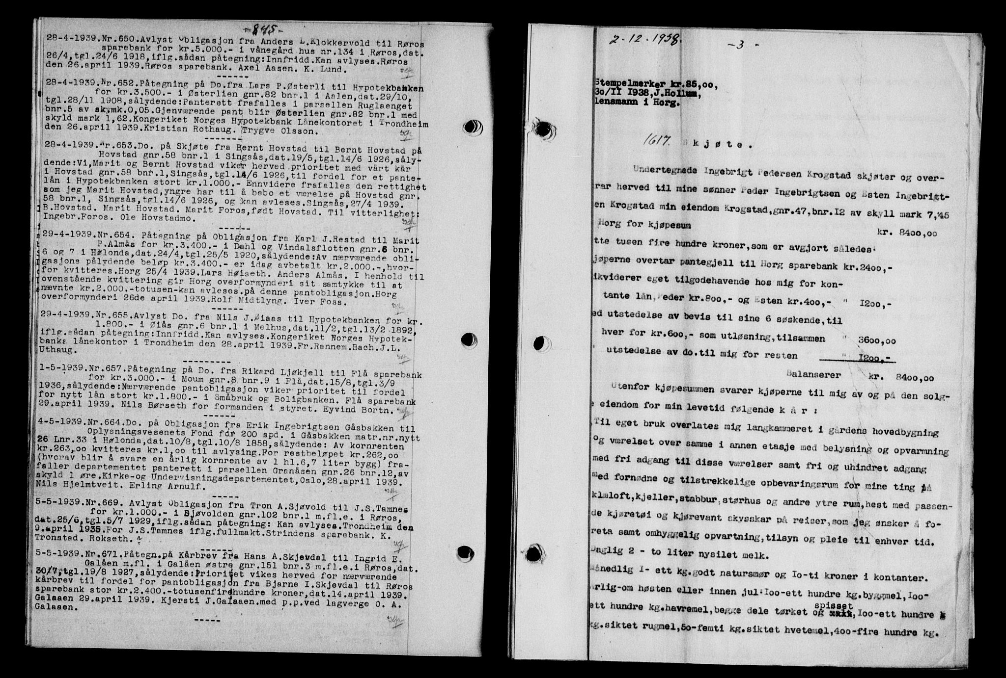 Gauldal sorenskriveri, SAT/A-0014/1/2/2C/L0050: Mortgage book no. 54-55, 1939-1939, Diary no: : 1617/1938