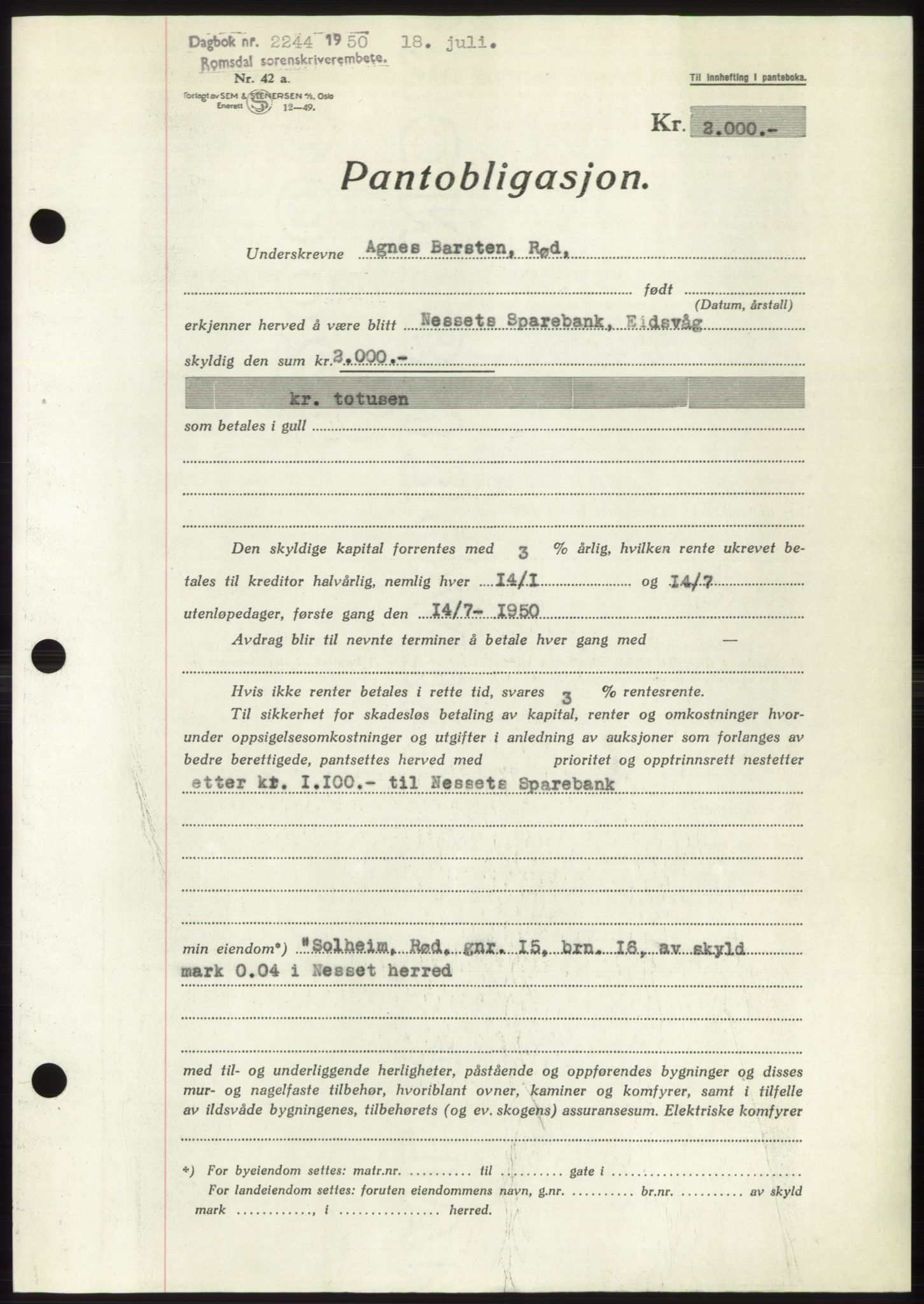 Romsdal sorenskriveri, AV/SAT-A-4149/1/2/2C: Mortgage book no. B5, 1949-1950, Diary no: : 2244/1950