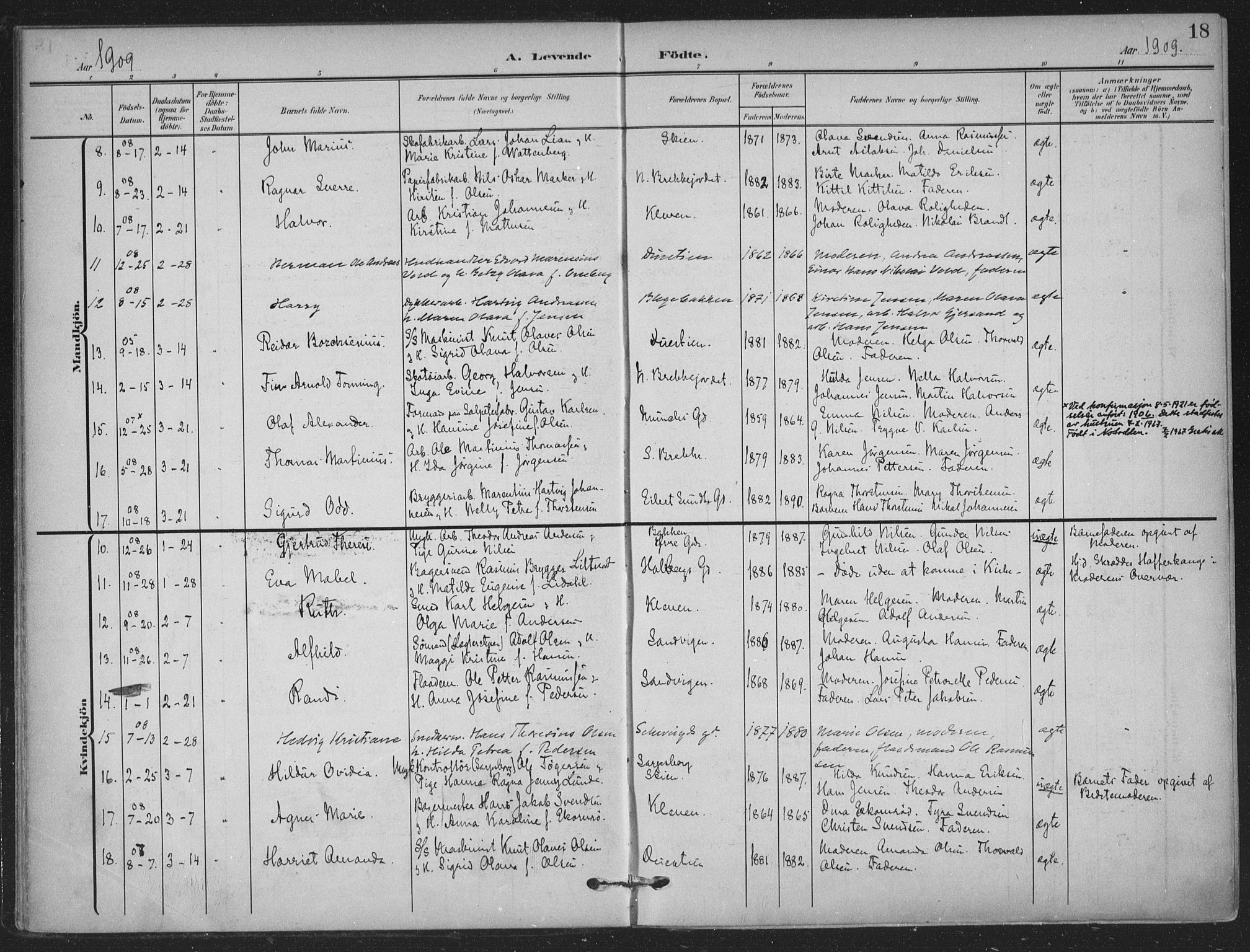 Skien kirkebøker, SAKO/A-302/F/Fa/L0012: Parish register (official) no. 12, 1908-1914, p. 18