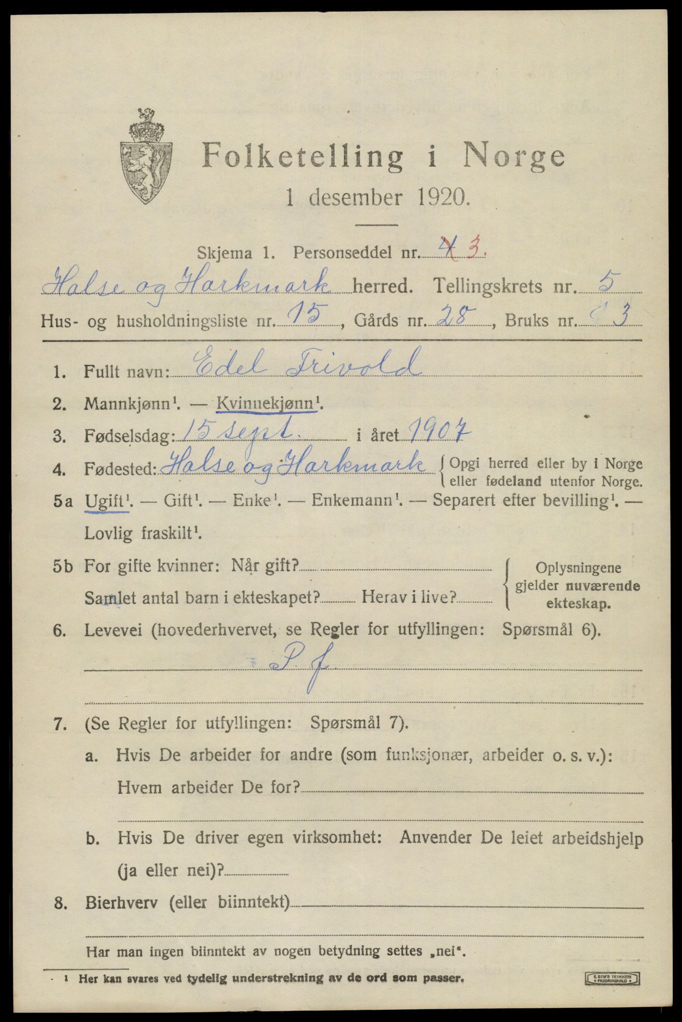SAK, 1920 census for Halse og Harkmark, 1920, p. 3150