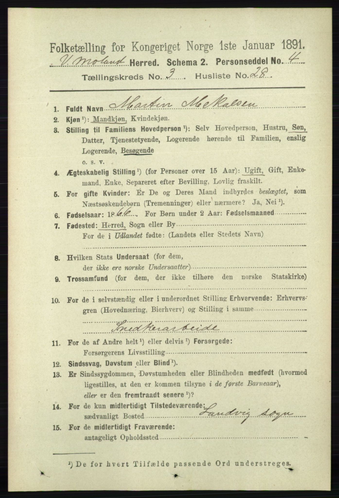 RA, 1891 census for 0926 Vestre Moland, 1891, p. 1113