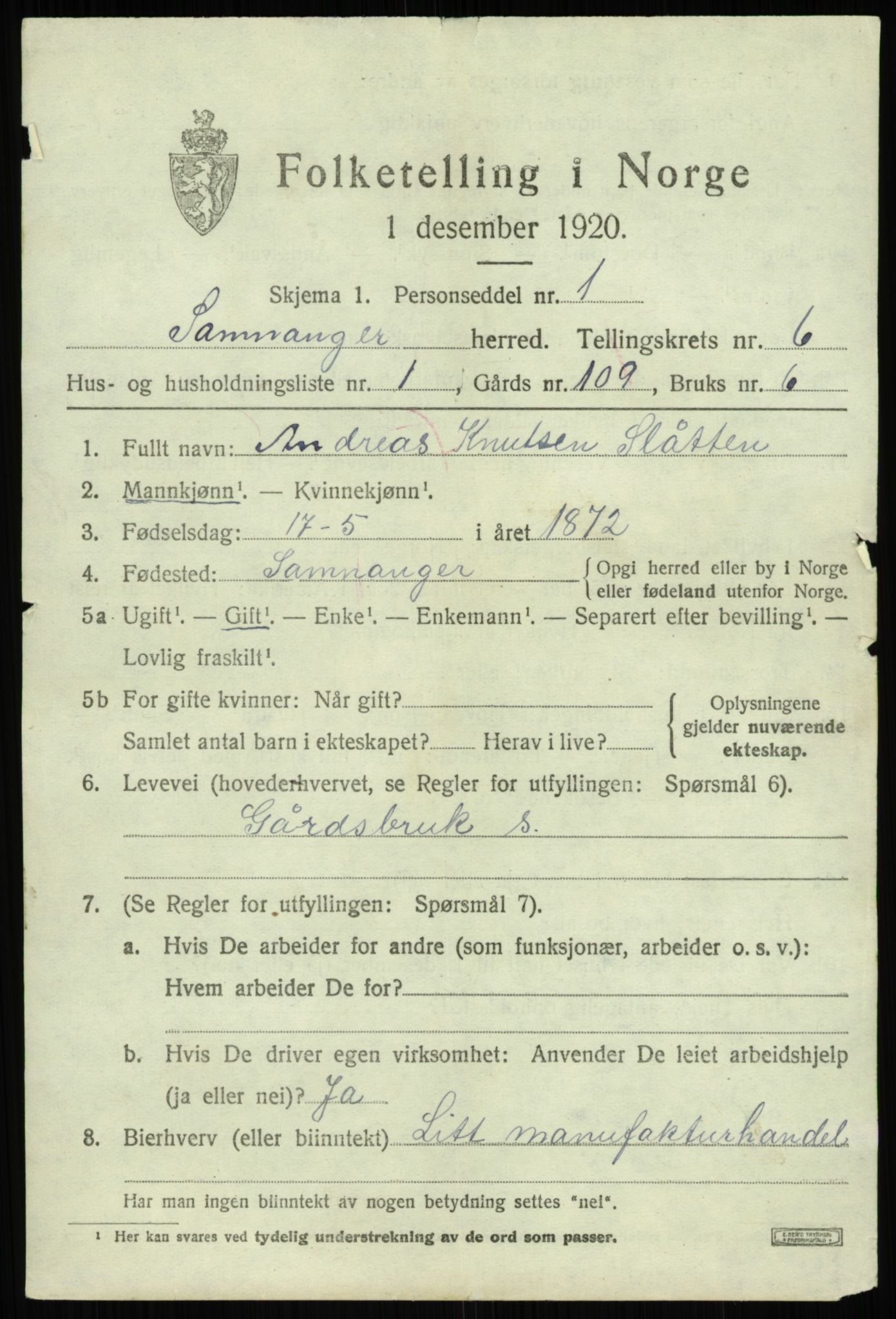 SAB, 1920 census for Samnanger, 1920, p. 2295