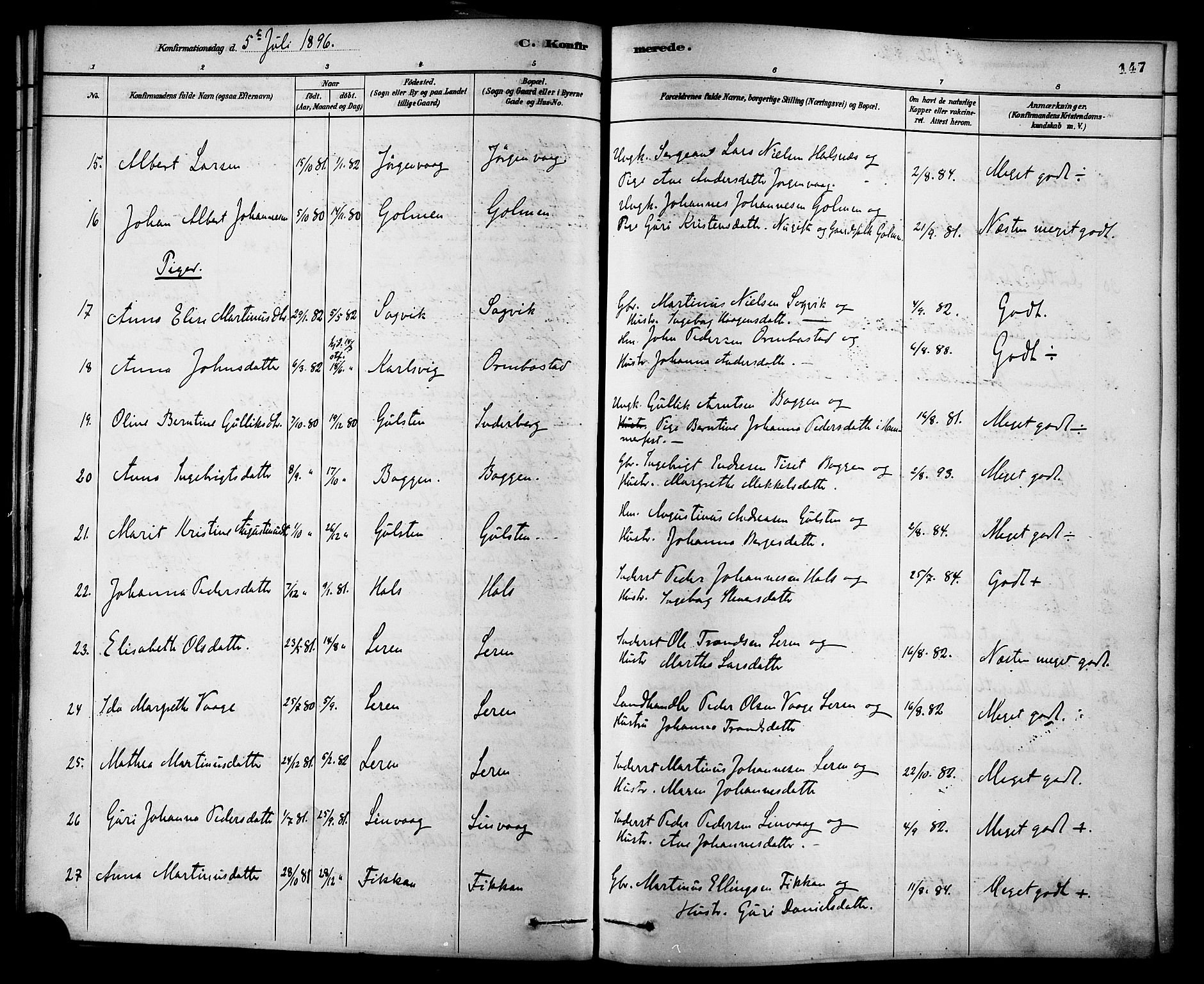 Ministerialprotokoller, klokkerbøker og fødselsregistre - Møre og Romsdal, AV/SAT-A-1454/577/L0896: Parish register (official) no. 577A03, 1880-1898, p. 147