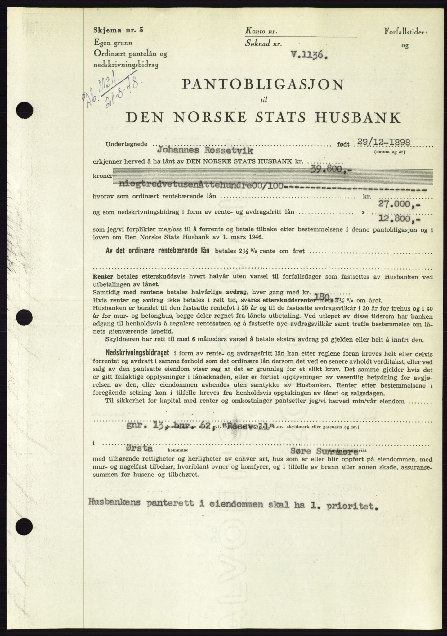 Søre Sunnmøre sorenskriveri, AV/SAT-A-4122/1/2/2C/L0116: Mortgage book no. 4B, 1948-1949, Diary no: : 1131/1948