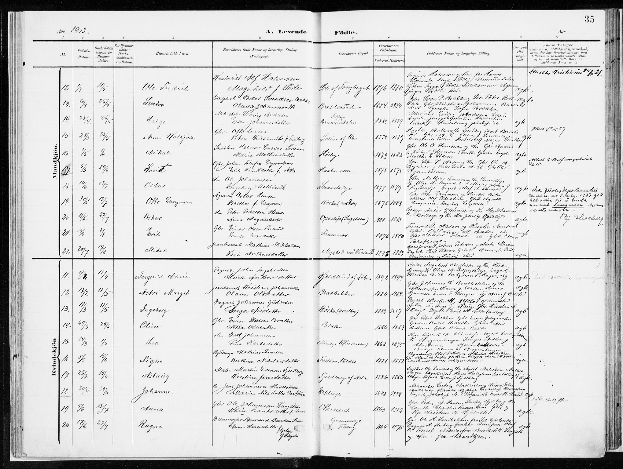 Ringsaker prestekontor, SAH/PREST-014/K/Ka/L0019: Parish register (official) no. 19, 1905-1920, p. 35