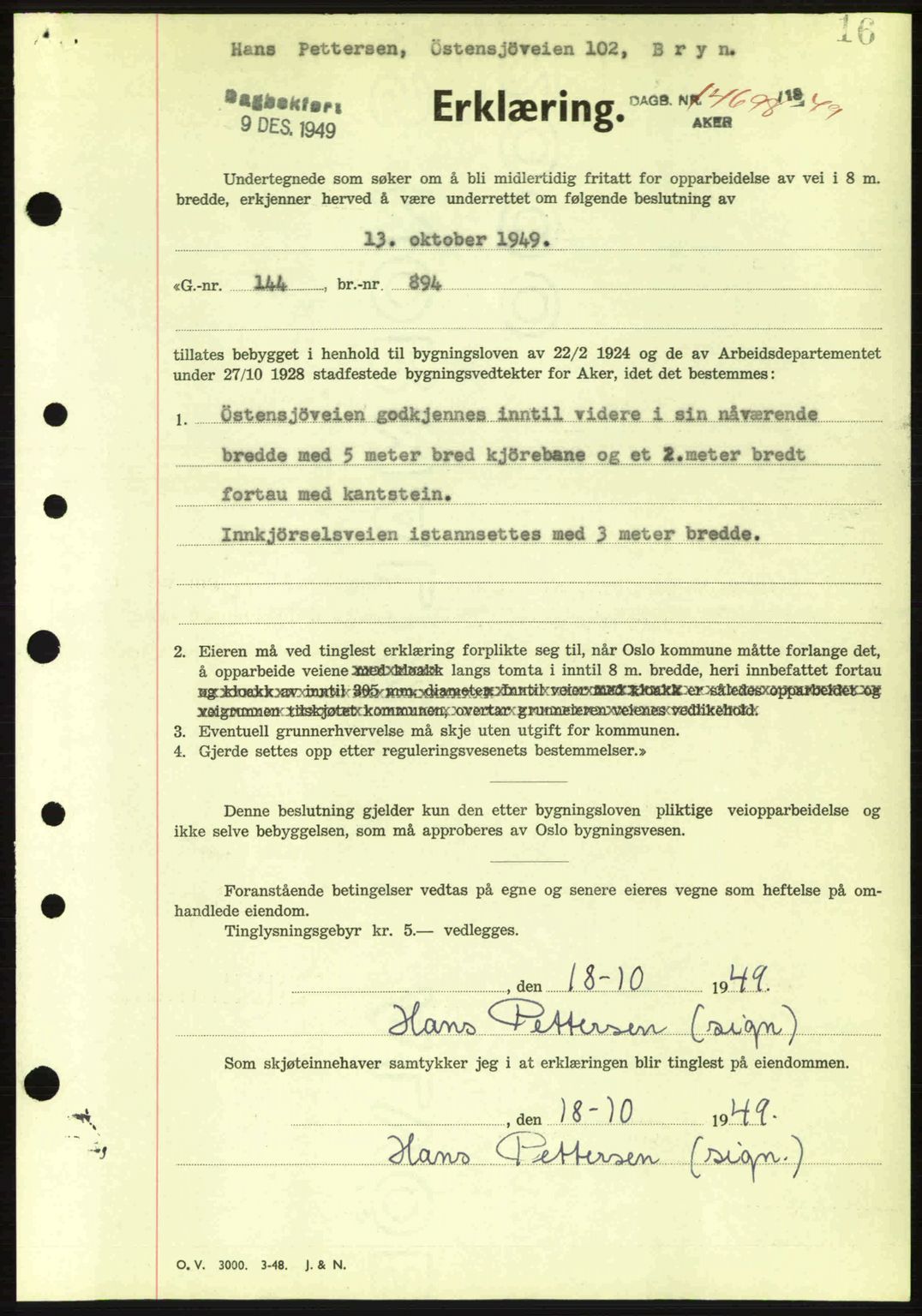 Oslo byskriverembete, AV/SAO-A-10227/G/Gb/Gbd/Gbda/L0017: Mortgage book no. A215, 1949-1950, Diary no: : 14698/1949