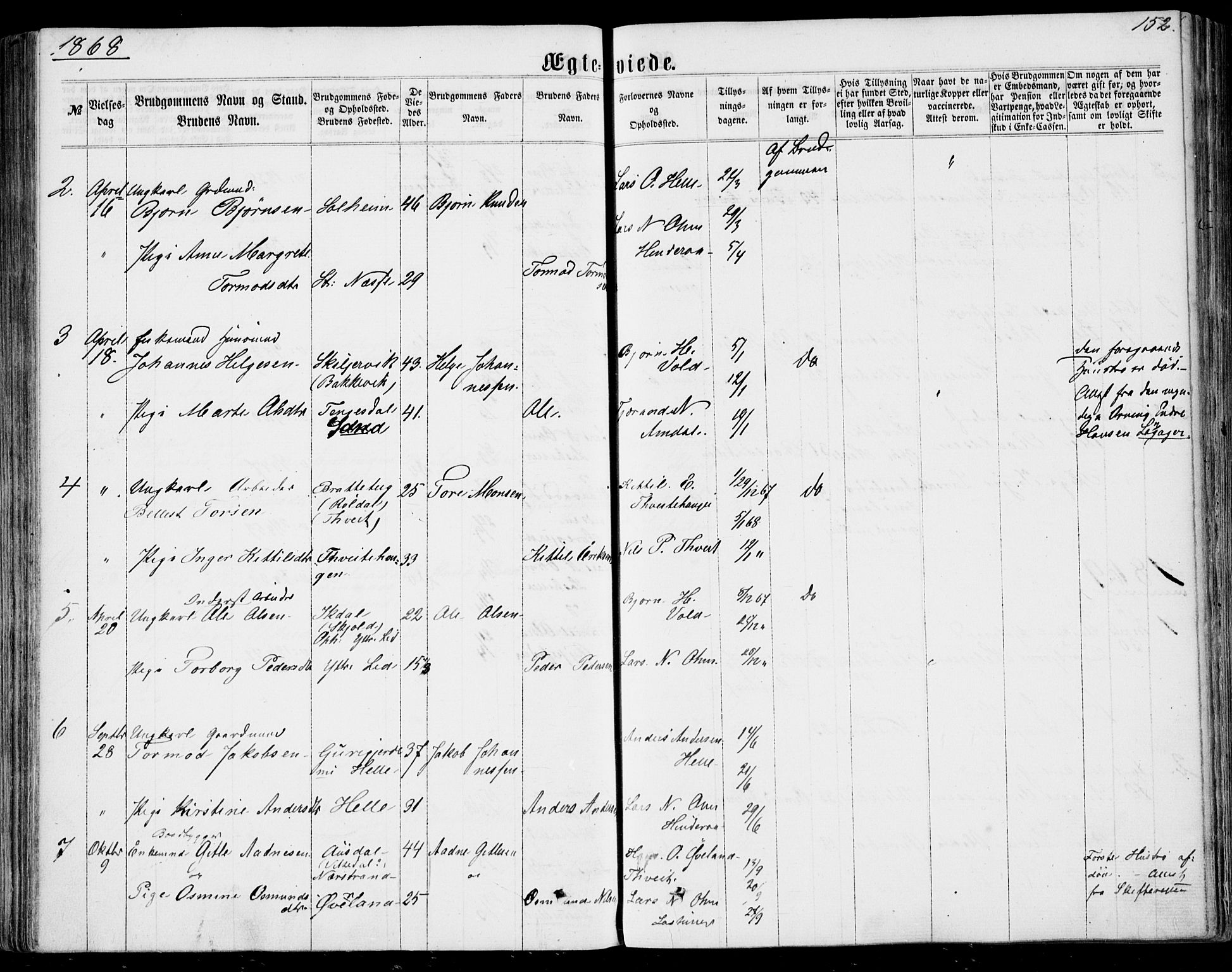 Nedstrand sokneprestkontor, AV/SAST-A-101841/01/IV: Parish register (official) no. A 9, 1861-1876, p. 152