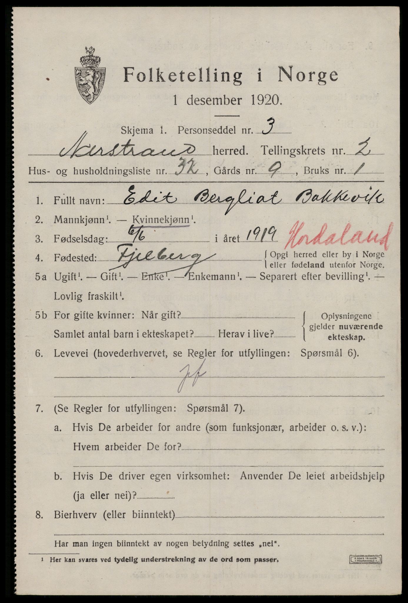 SAST, 1920 census for Nedstrand, 1920, p. 1315