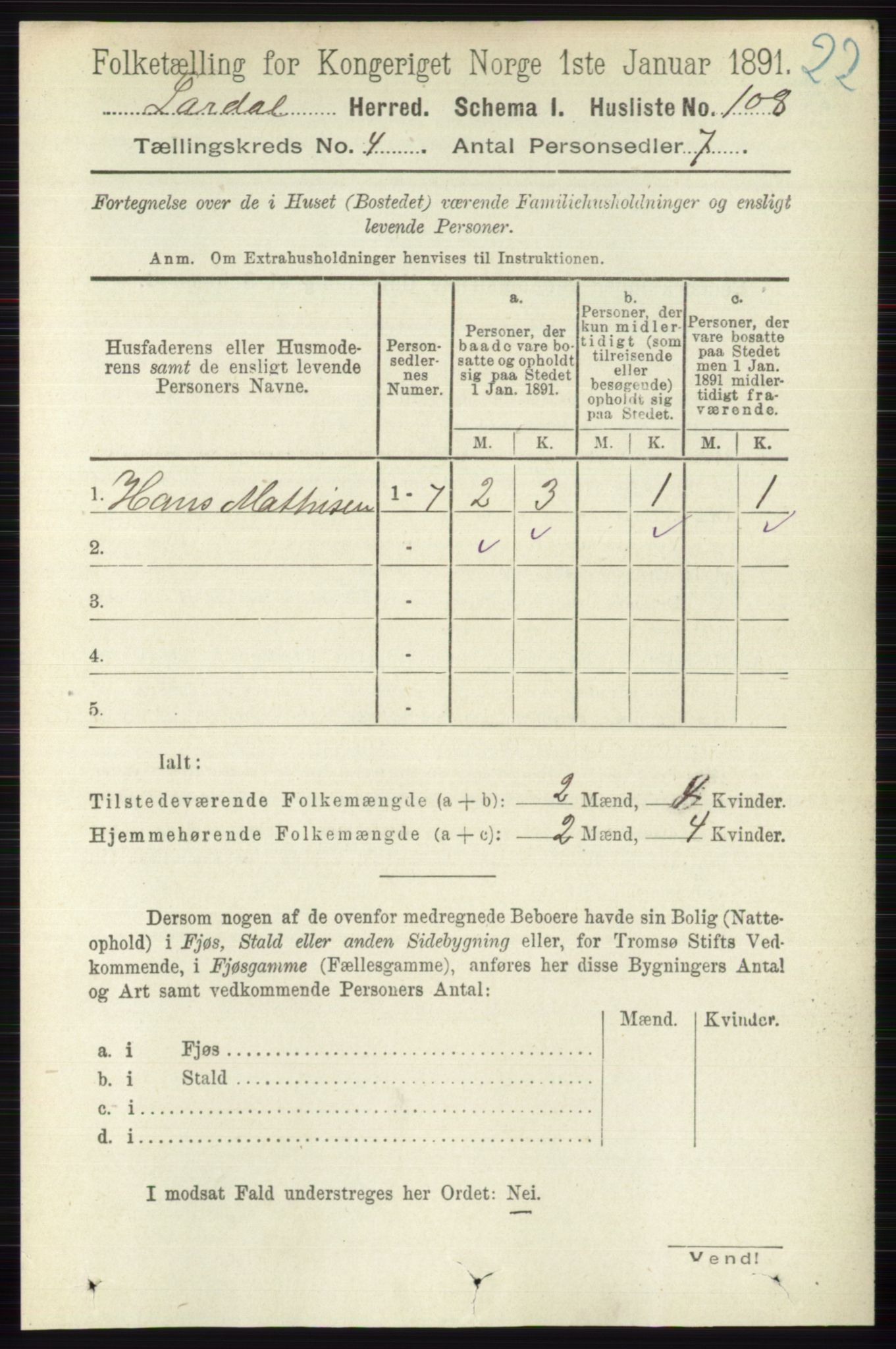 RA, 1891 census for 0728 Lardal, 1891, p. 1958