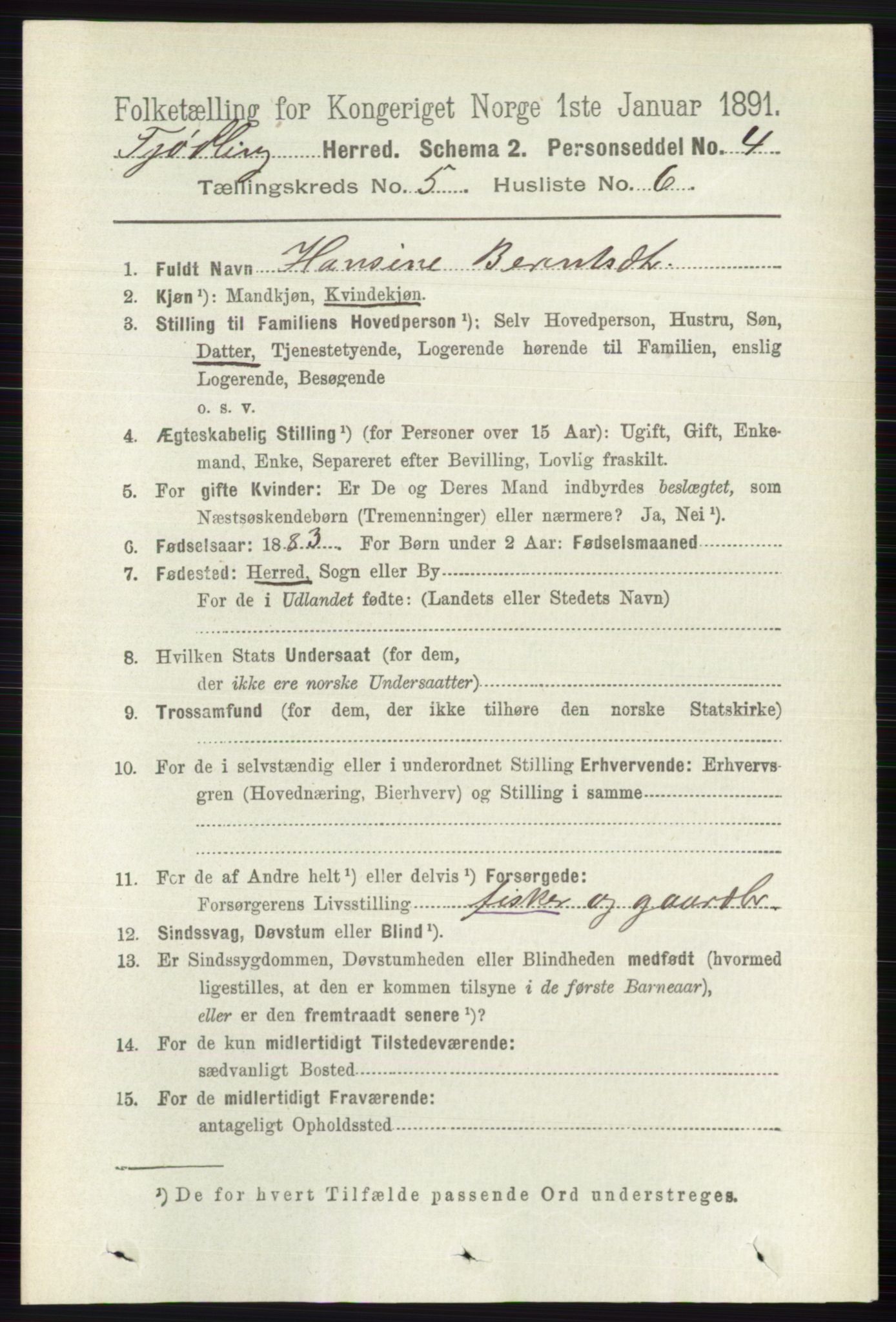 RA, 1891 census for 0725 Tjølling, 1891, p. 2014