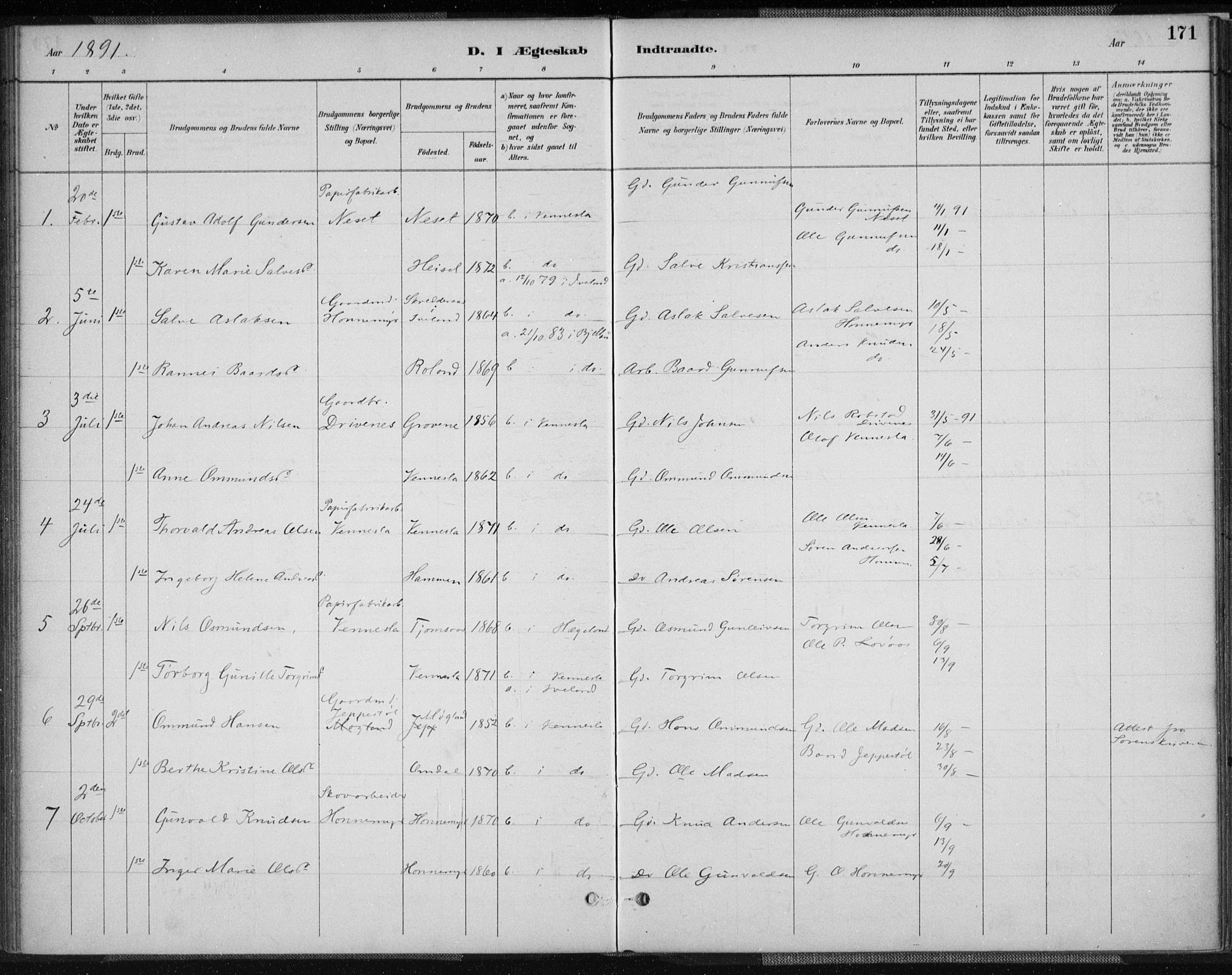 Vennesla sokneprestkontor, AV/SAK-1111-0045/Fa/Fab/L0004: Parish register (official) no. A 4, 1884-1896, p. 171