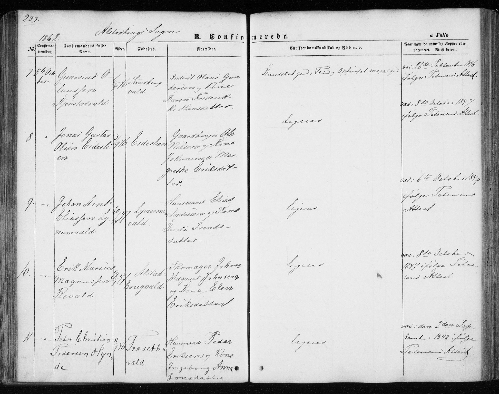 Ministerialprotokoller, klokkerbøker og fødselsregistre - Nord-Trøndelag, AV/SAT-A-1458/717/L0154: Parish register (official) no. 717A07 /1, 1850-1862, p. 239