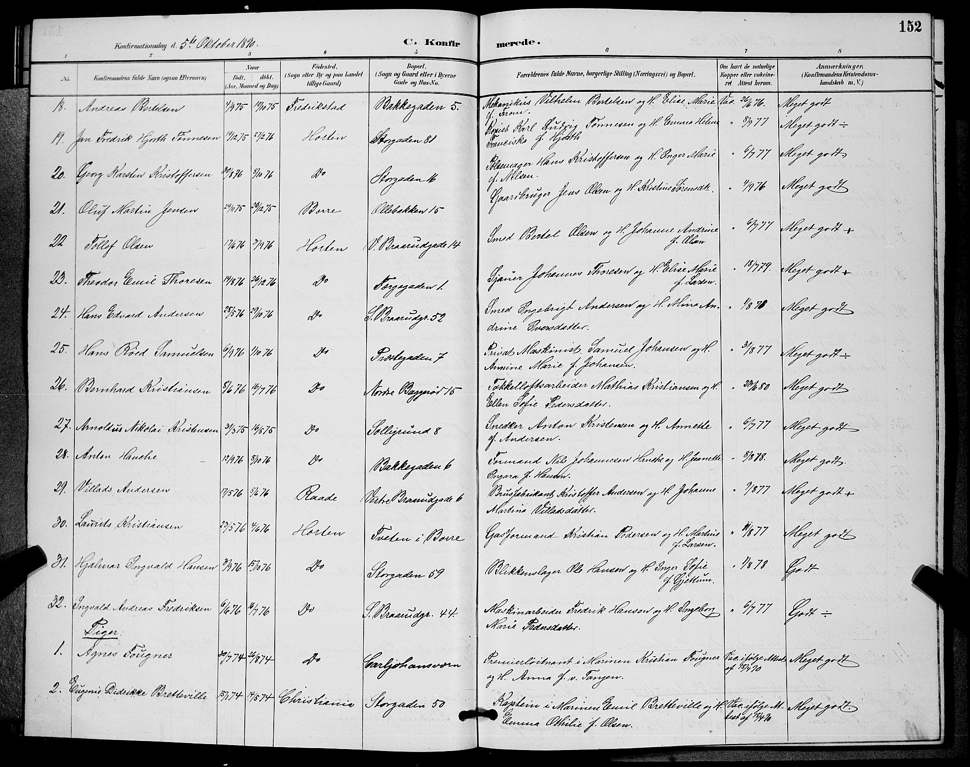 Horten kirkebøker, AV/SAKO-A-348/G/Ga/L0005: Parish register (copy) no. 5, 1888-1895, p. 152