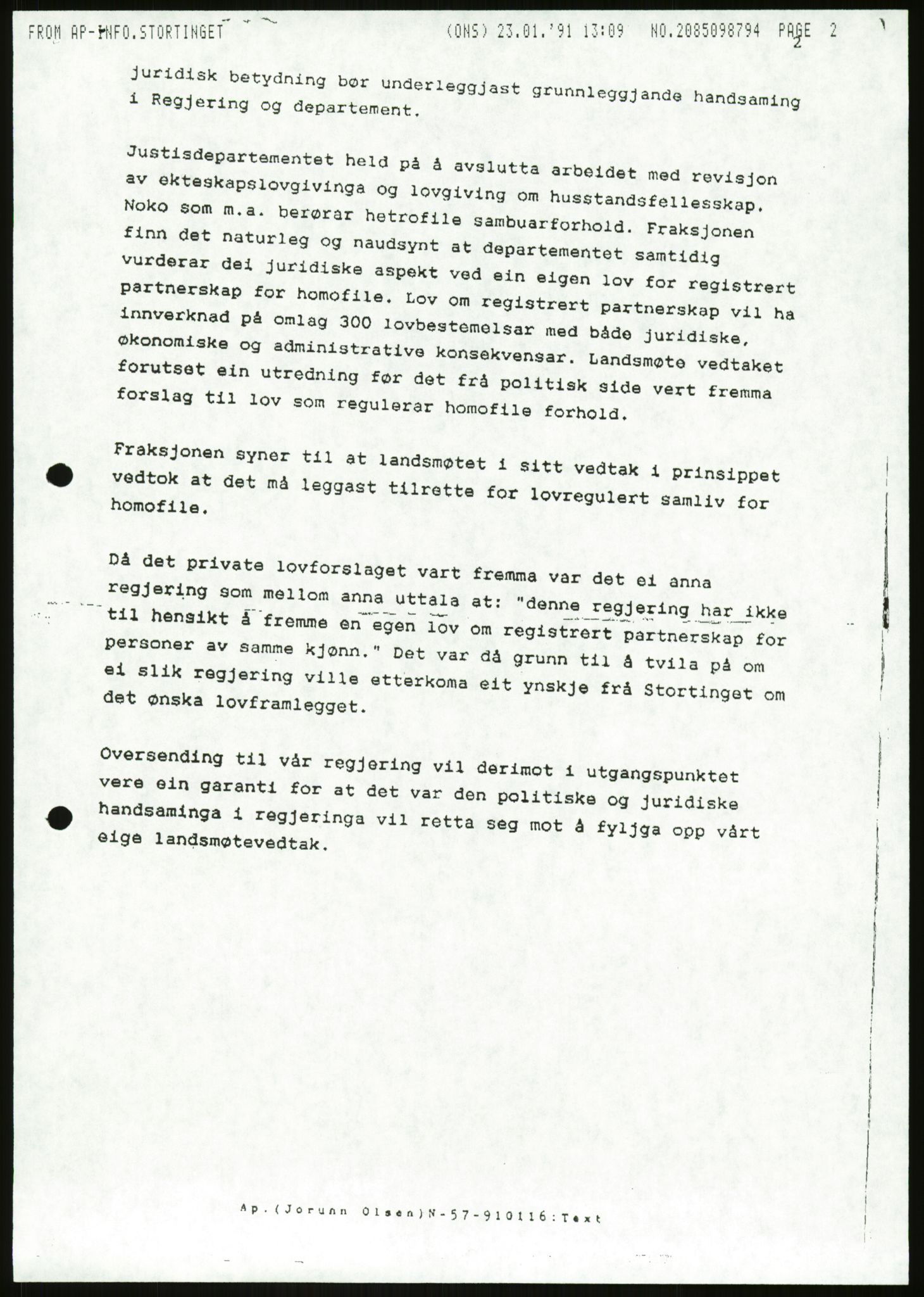 Det Norske Forbundet av 1948/Landsforeningen for Lesbisk og Homofil Frigjøring, AV/RA-PA-1216/D/Da/L0001: Partnerskapsloven, 1990-1993, p. 899